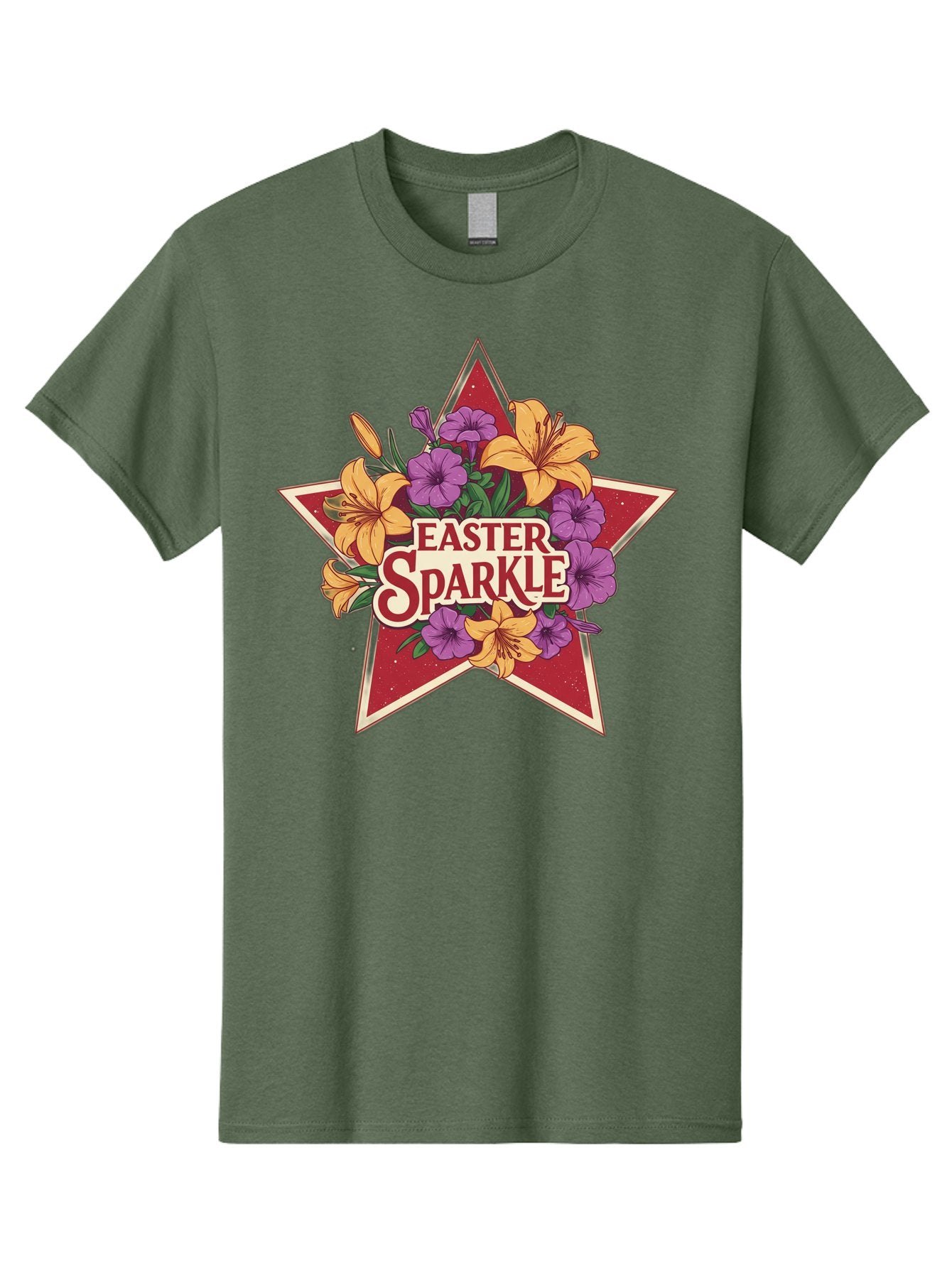 Easter-Sparkle Men'S Graphic Tee, 100% Cotton, Comfortable Casual Summer Wear, Machine Washable, Easter Sparkle, Yellow Lilies, Purple Flowers, Floral Arrangement, Red Star, Festive Design, Spring Celebration, Easter Decorations, Baa634