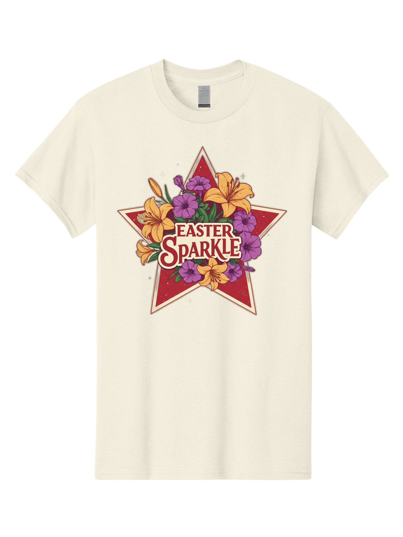Easter-Sparkle Men'S Graphic Tee, 100% Cotton, Comfortable Casual Summer Wear, Machine Washable, Easter Sparkle, Yellow Lilies, Purple Flowers, Floral Arrangement, Red Star, Festive Design, Spring Celebration, Easter Decorations, Baa634 15