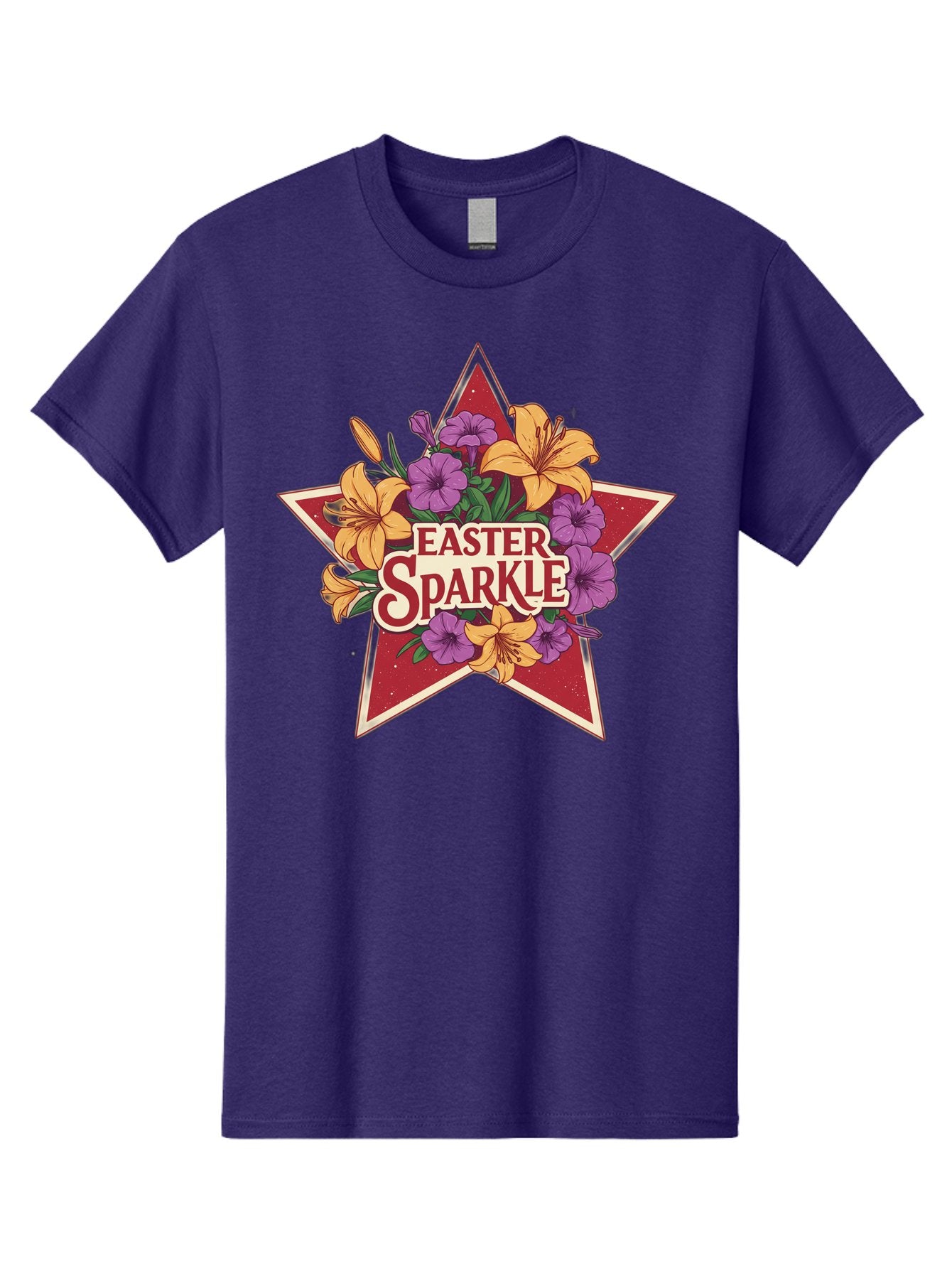 Easter-Sparkle Men'S Graphic Tee, 100% Cotton, Comfortable Casual Summer Wear, Machine Washable, Easter Sparkle, Yellow Lilies, Purple Flowers, Floral Arrangement, Red Star, Festive Design, Spring Celebration, Easter Decorations, Baa634
