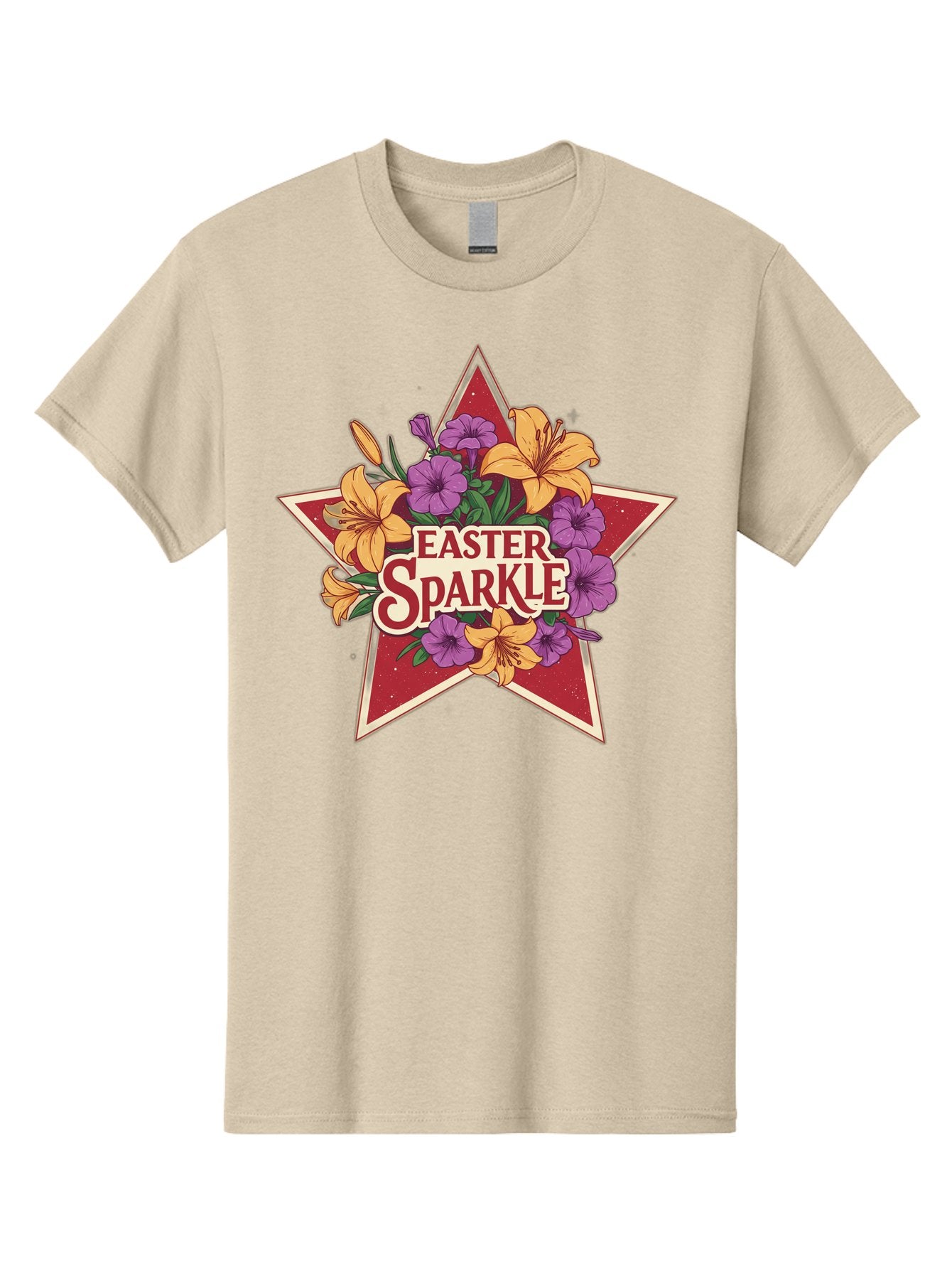 Easter-Sparkle Men'S Graphic Tee, 100% Cotton, Comfortable Casual Summer Wear, Machine Washable, Easter Sparkle, Yellow Lilies, Purple Flowers, Floral Arrangement, Red Star, Festive Design, Spring Celebration, Easter Decorations, Baa634 3