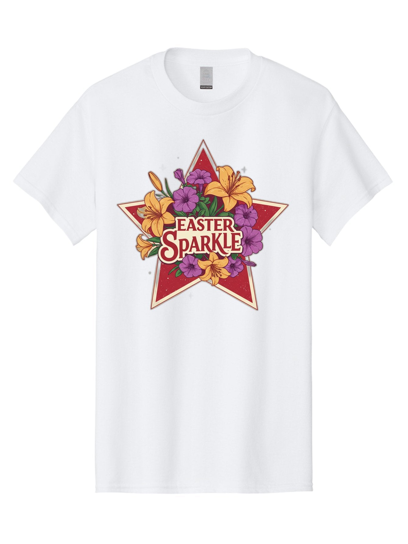 Easter-Sparkle Men'S Graphic Tee, 100% Cotton, Comfortable Casual Summer Wear, Machine Washable, Easter Sparkle, Yellow Lilies, Purple Flowers, Floral Arrangement, Red Star, Festive Design, Spring Celebration, Easter Decorations, Baa634 11