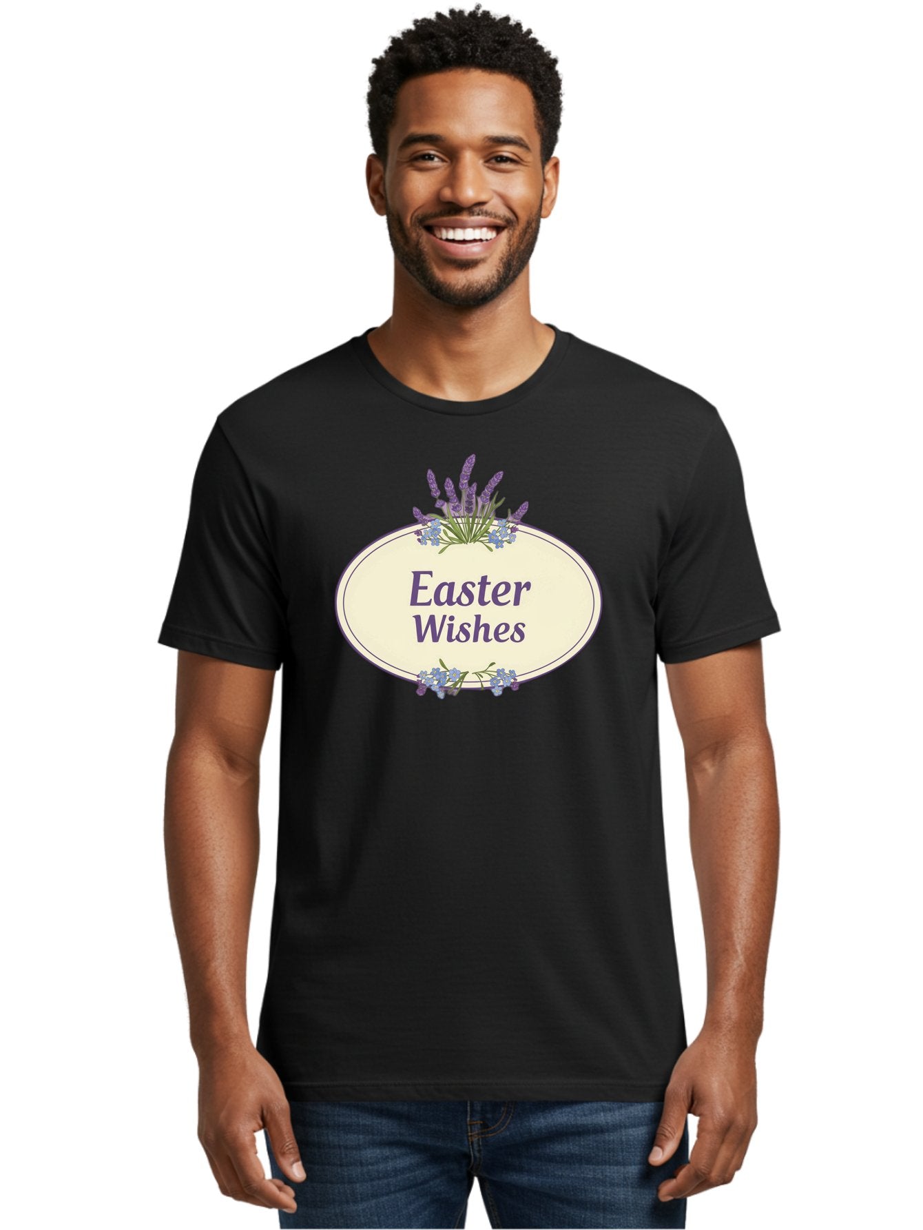 Easter-Wishes Men'S Graphic Tee, 100% Cotton, Comfortable Casual Summer Wear, Machine Washable, Easter Wishes, Easter Greeting Card, Spring Flowers, Floral Decoration, Purple Flowers, Lavender, Easter Message, Holiday Card, Festive Design, Baa635 24