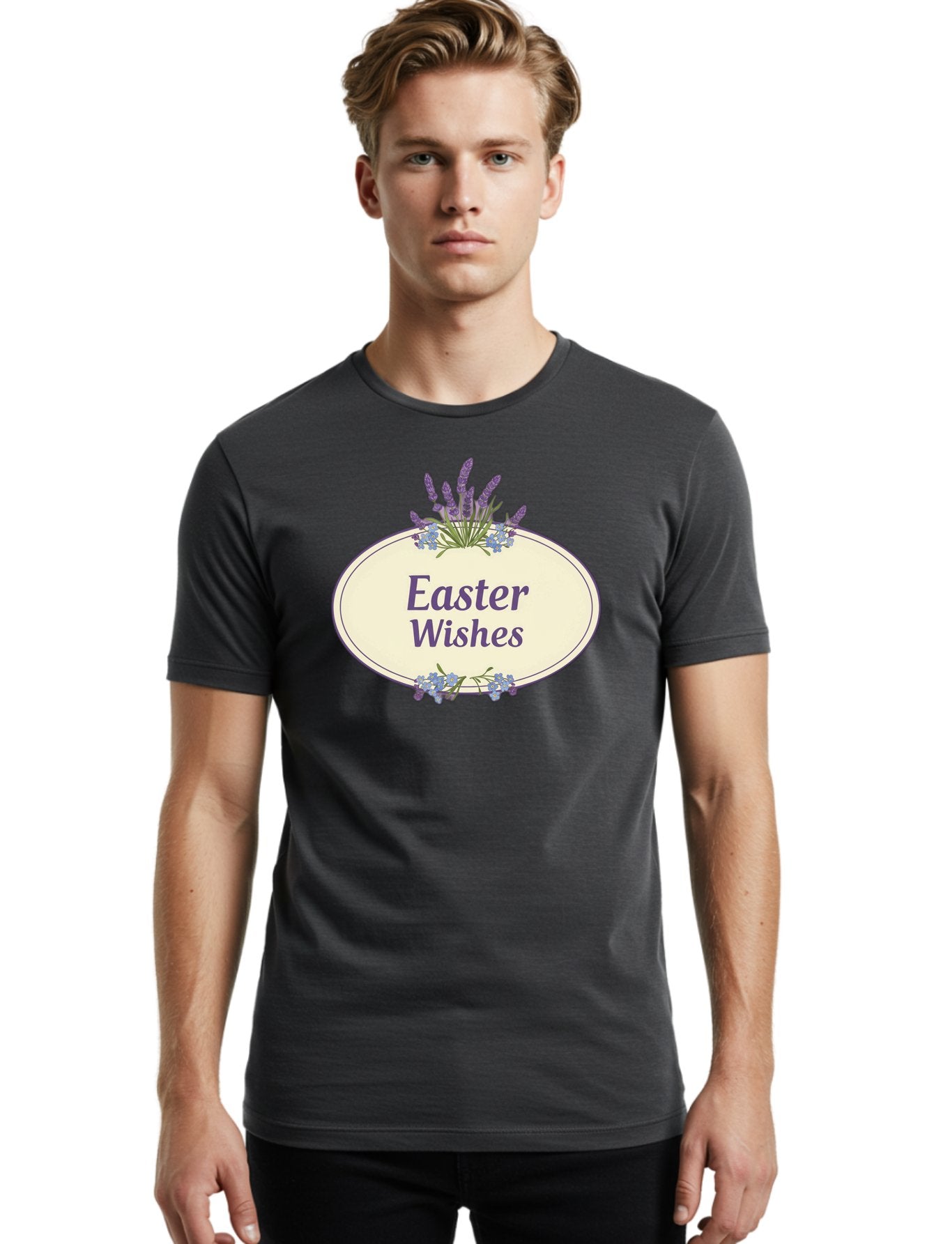 Easter-Wishes Men'S Graphic Tee, 100% Cotton, Comfortable Casual Summer Wear, Machine Washable, Easter Wishes, Easter Greeting Card, Spring Flowers, Floral Decoration, Purple Flowers, Lavender, Easter Message, Holiday Card, Festive Design, Baa635 16