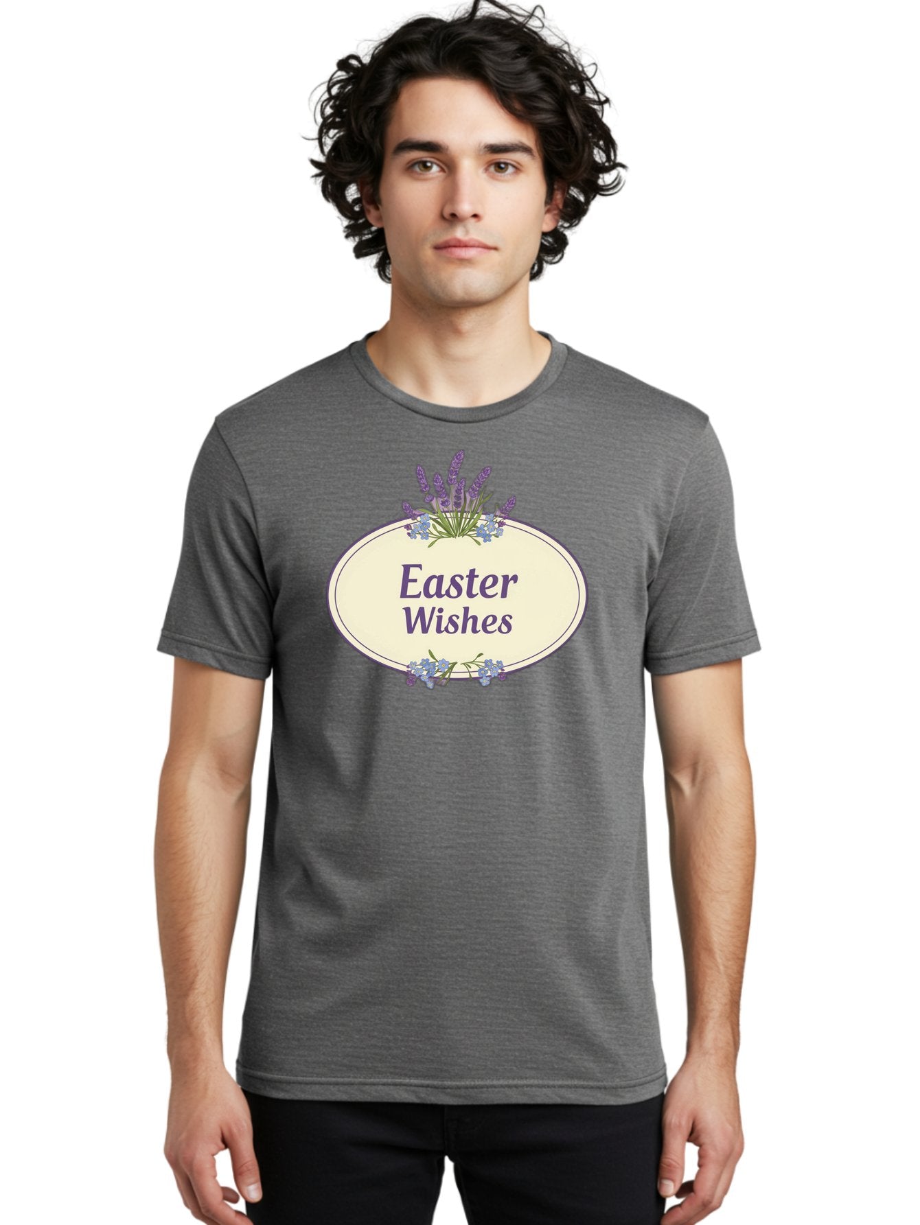 Easter-Wishes Men'S Graphic Tee, 100% Cotton, Comfortable Casual Summer Wear, Machine Washable, Easter Wishes, Easter Greeting Card, Spring Flowers, Floral Decoration, Purple Flowers, Lavender, Easter Message, Holiday Card, Festive Design, Baa635 21