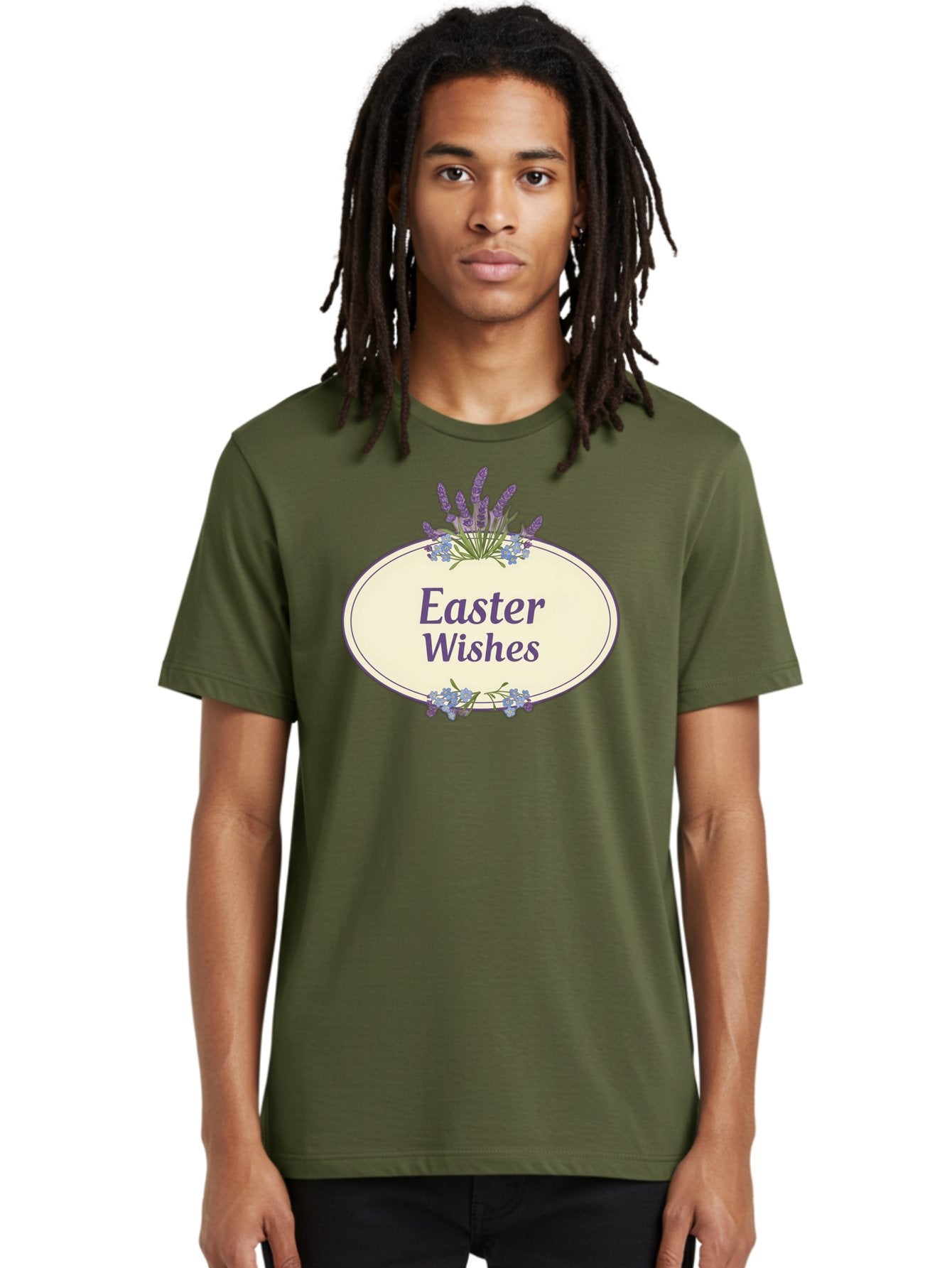 Easter-Wishes Men'S Graphic Tee, 100% Cotton, Comfortable Casual Summer Wear, Machine Washable, Easter Wishes, Easter Greeting Card, Spring Flowers, Floral Decoration, Purple Flowers, Lavender, Easter Message, Holiday Card, Festive Design, Baa635 18