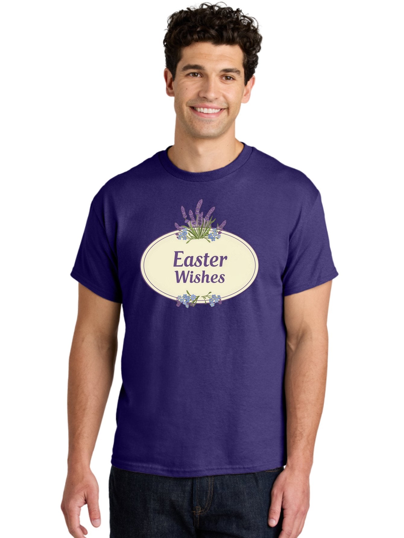 Easter-Wishes Men'S Graphic Tee, 100% Cotton, Comfortable Casual Summer Wear, Machine Washable, Easter Wishes, Easter Greeting Card, Spring Flowers, Floral Decoration, Purple Flowers, Lavender, Easter Message, Holiday Card, Festive Design, Baa635 27