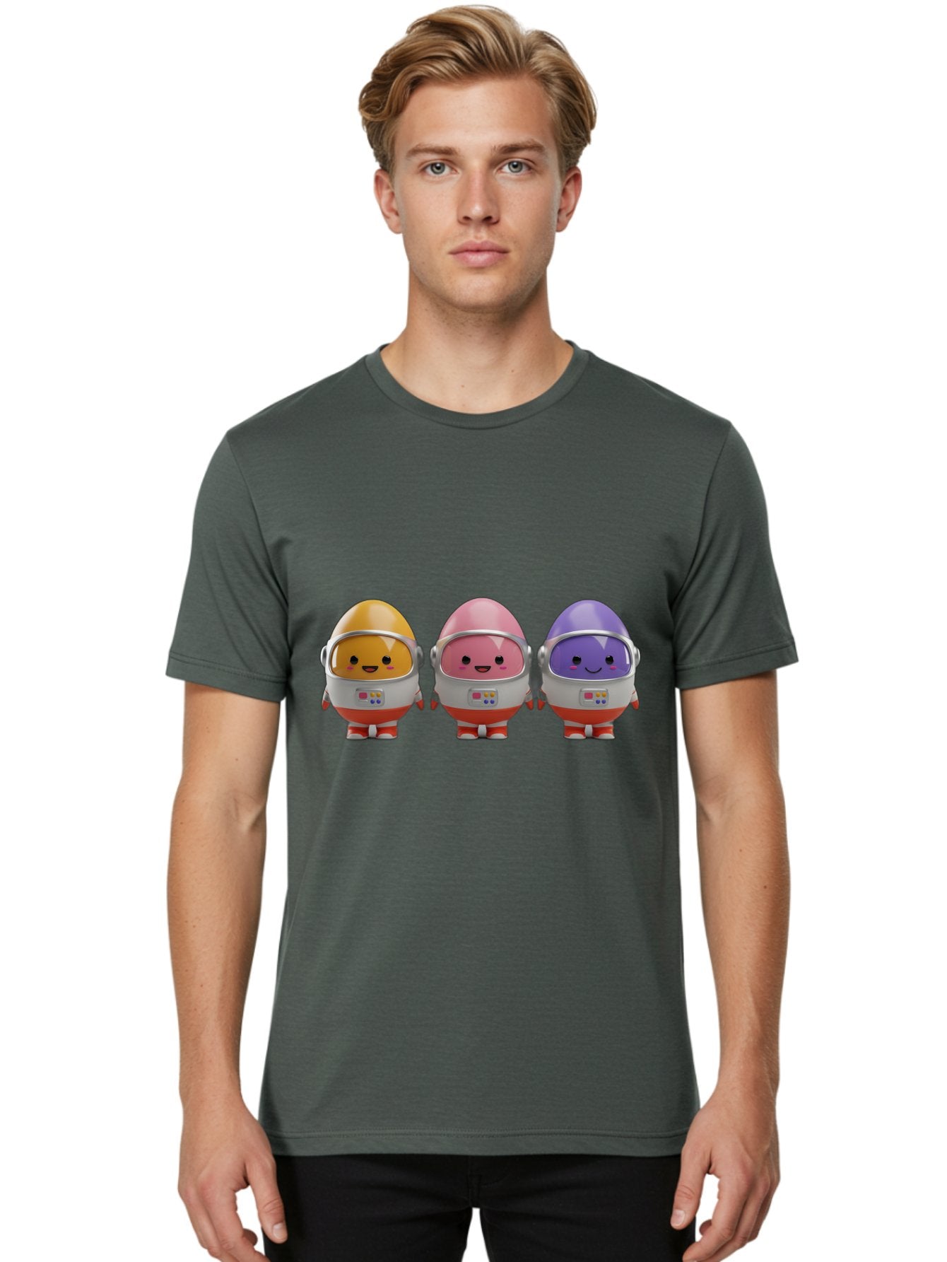 Egg-Astronauts Men'S Graphic Tee, 100% Cotton, Comfortable Casual Summer Wear, Machine Washable, Cartoon Eggs, Space Astronauts, Colorful Characters, Happy Faces, Silver Helmets, Red Boots, Futuristic Design, Playful Illustration, Cute Robots, Baa639 17
