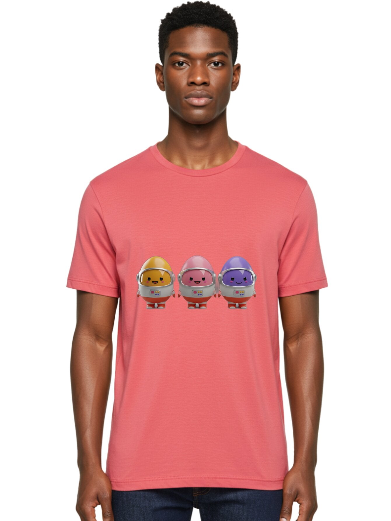 Egg-Astronauts Men'S Graphic Tee, 100% Cotton, Comfortable Casual Summer Wear, Machine Washable, Cartoon Eggs, Space Astronauts, Colorful Characters, Happy Faces, Silver Helmets, Red Boots, Futuristic Design, Playful Illustration, Cute Robots, Baa639 22