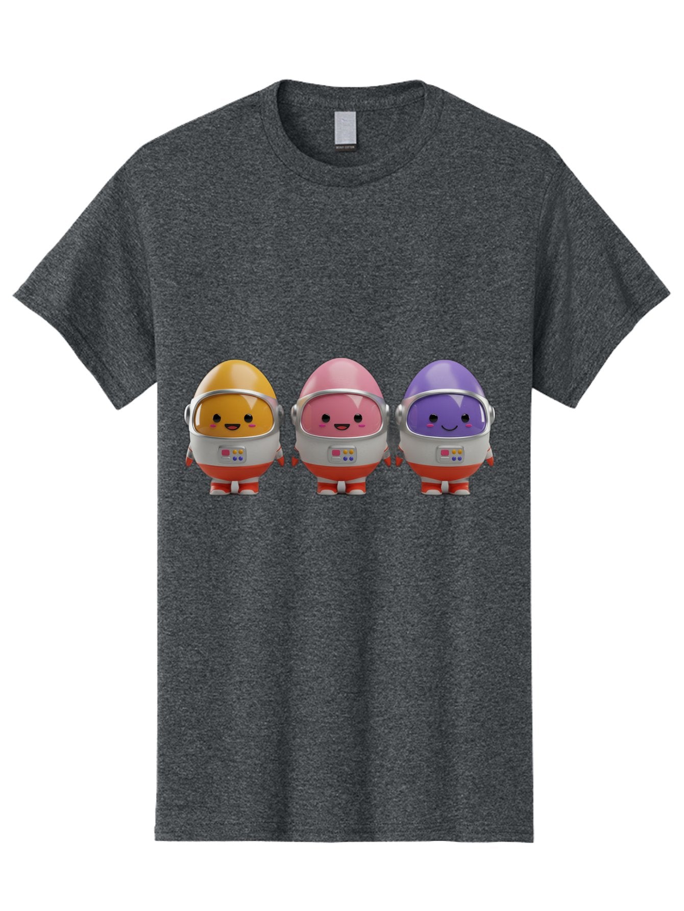 Egg-Astronauts Men'S Graphic Tee, 100% Cotton, Comfortable Casual Summer Wear, Machine Washable, Cartoon Eggs, Space Astronauts, Colorful Characters, Happy Faces, Silver Helmets, Red Boots, Futuristic Design, Playful Illustration, Cute Robots, Baa639 7