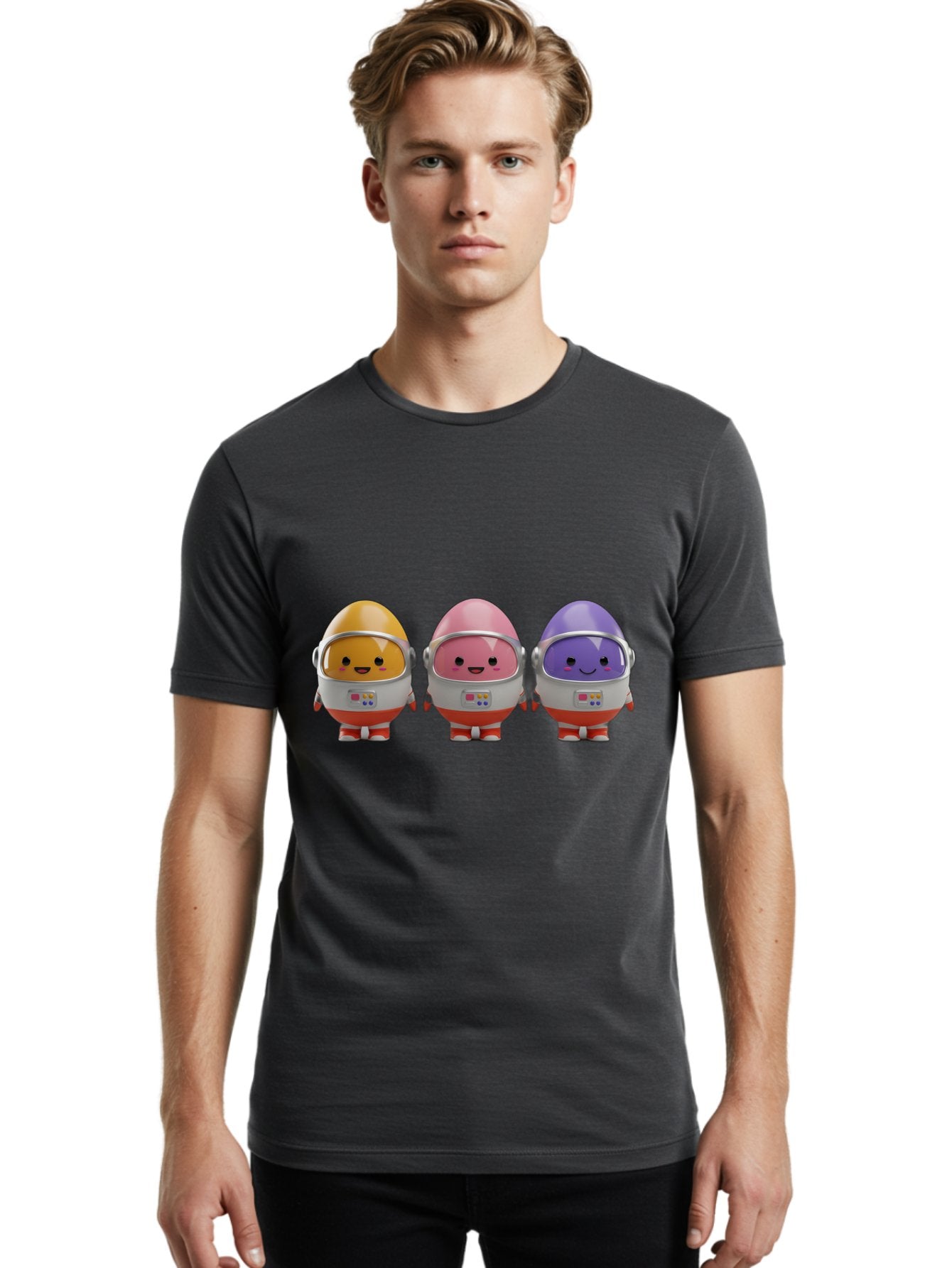 Egg-Astronauts Men'S Graphic Tee, 100% Cotton, Comfortable Casual Summer Wear, Machine Washable, Cartoon Eggs, Space Astronauts, Colorful Characters, Happy Faces, Silver Helmets, Red Boots, Futuristic Design, Playful Illustration, Cute Robots, Baa639 16