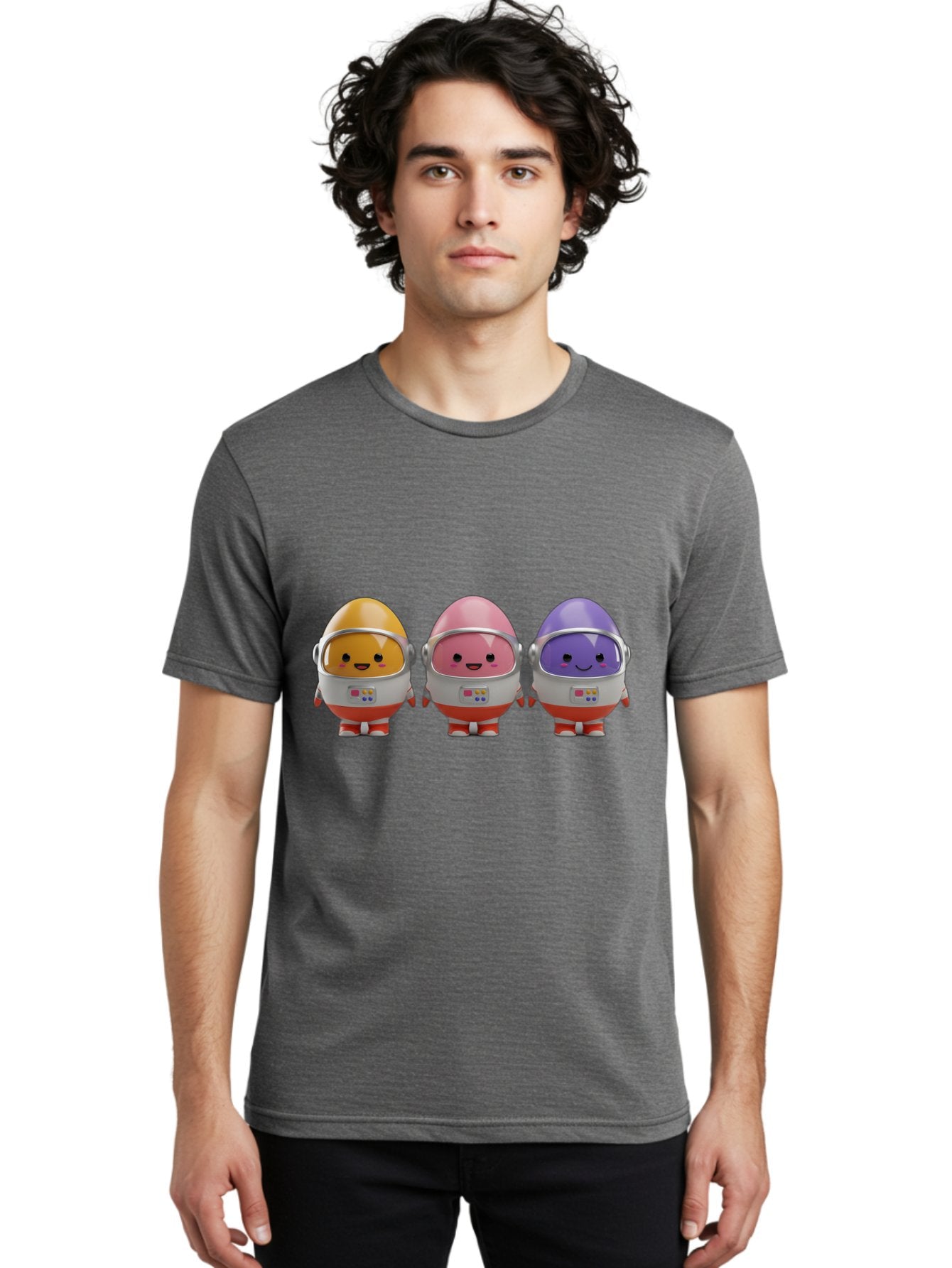 Egg-Astronauts Men'S Graphic Tee, 100% Cotton, Comfortable Casual Summer Wear, Machine Washable, Cartoon Eggs, Space Astronauts, Colorful Characters, Happy Faces, Silver Helmets, Red Boots, Futuristic Design, Playful Illustration, Cute Robots, Baa639 29
