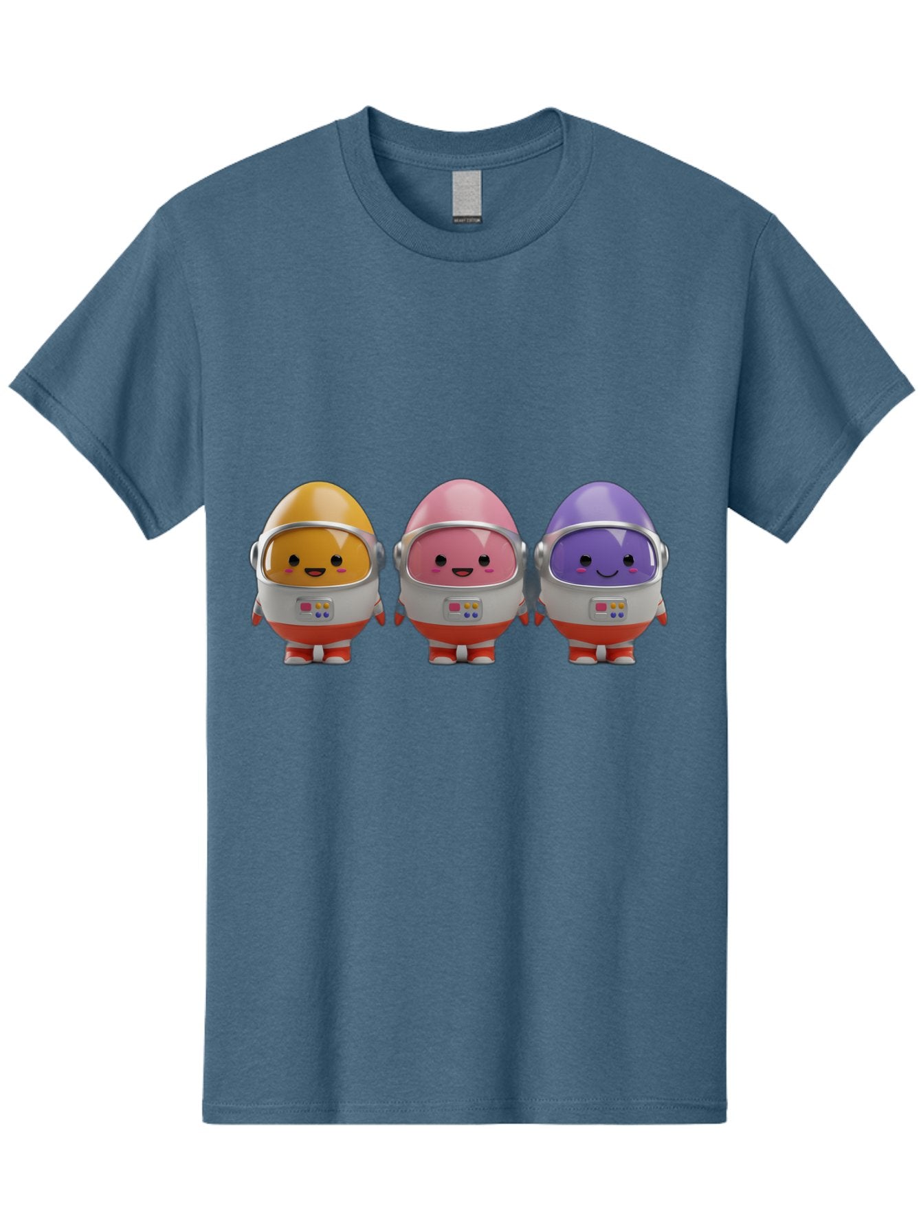 Egg-Astronauts Men'S Graphic Tee, 100% Cotton, Comfortable Casual Summer Wear, Machine Washable, Cartoon Eggs, Space Astronauts, Colorful Characters, Happy Faces, Silver Helmets, Red Boots, Futuristic Design, Playful Illustration, Cute Robots, Baa639 15