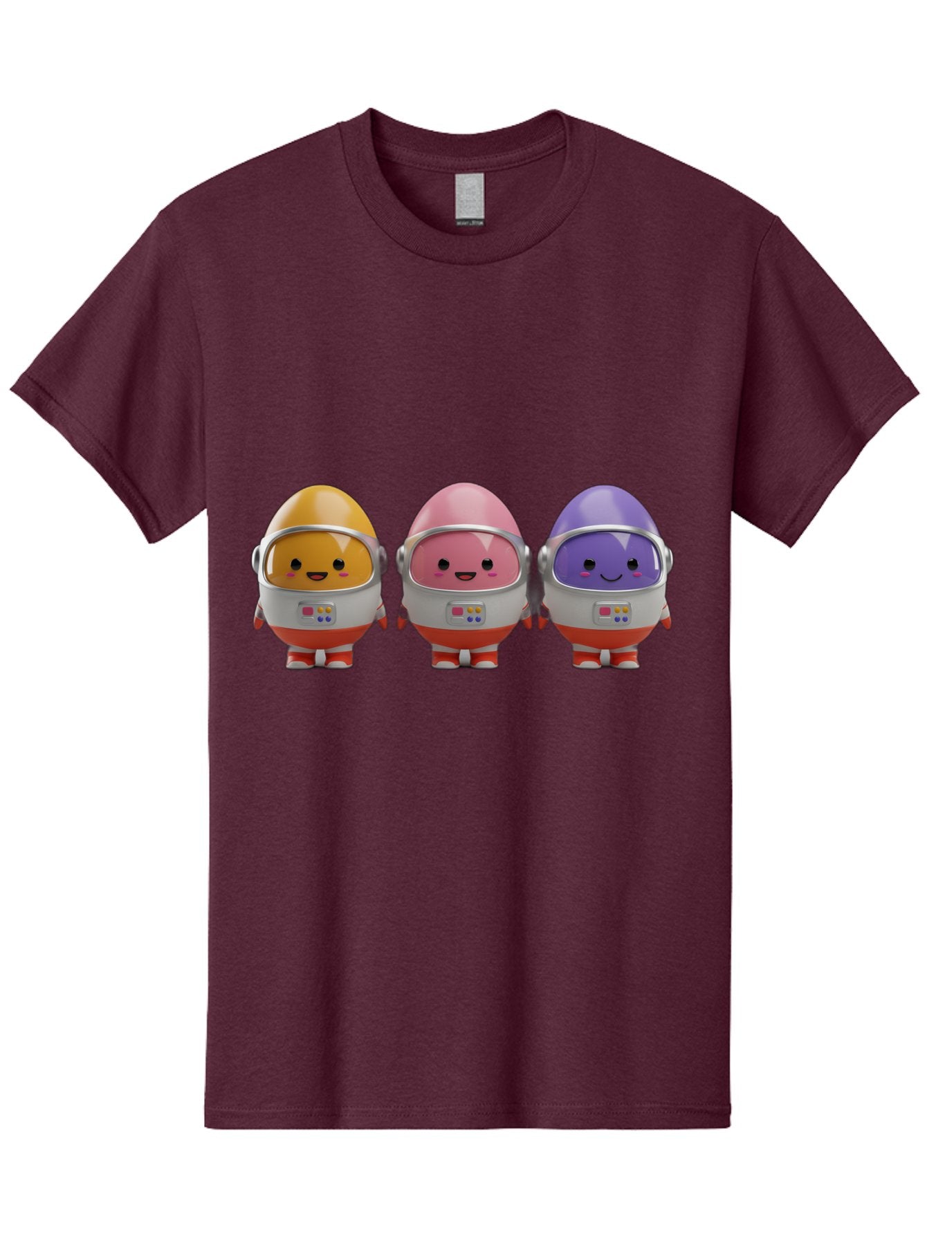 Egg-Astronauts Men'S Graphic Tee, 100% Cotton, Comfortable Casual Summer Wear, Machine Washable, Cartoon Eggs, Space Astronauts, Colorful Characters, Happy Faces, Silver Helmets, Red Boots, Futuristic Design, Playful Illustration, Cute Robots, Baa639