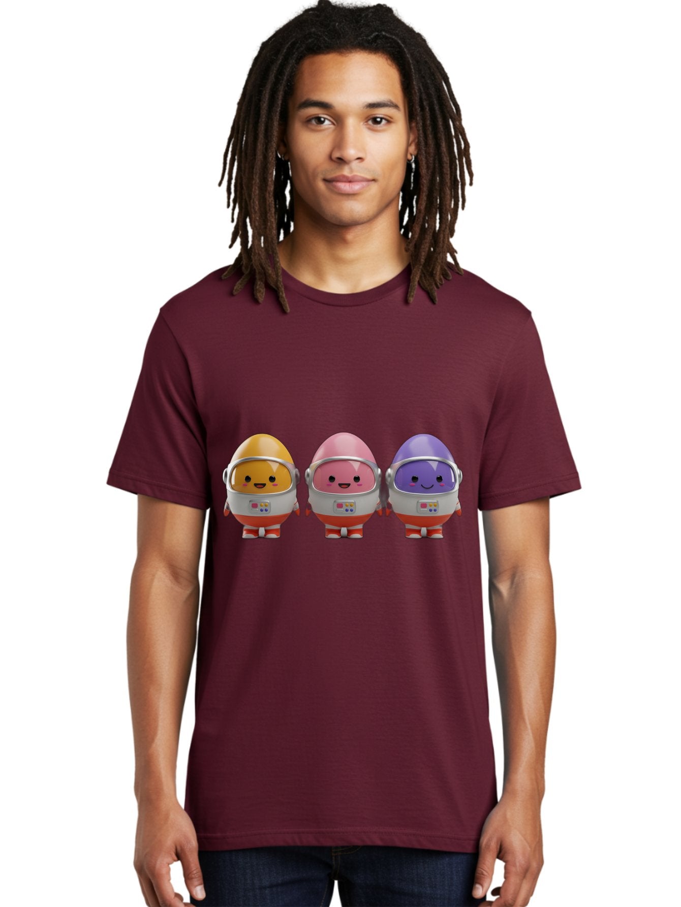 Egg-Astronauts Men'S Graphic Tee, 100% Cotton, Comfortable Casual Summer Wear, Machine Washable, Cartoon Eggs, Space Astronauts, Colorful Characters, Happy Faces, Silver Helmets, Red Boots, Futuristic Design, Playful Illustration, Cute Robots, Baa639 21