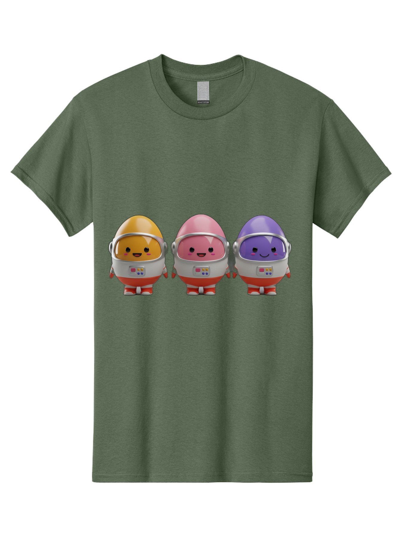 Egg-Astronauts Men'S Graphic Tee, 100% Cotton, Comfortable Casual Summer Wear, Machine Washable, Cartoon Eggs, Space Astronauts, Colorful Characters, Happy Faces, Silver Helmets, Red Boots, Futuristic Design, Playful Illustration, Cute Robots, Baa639