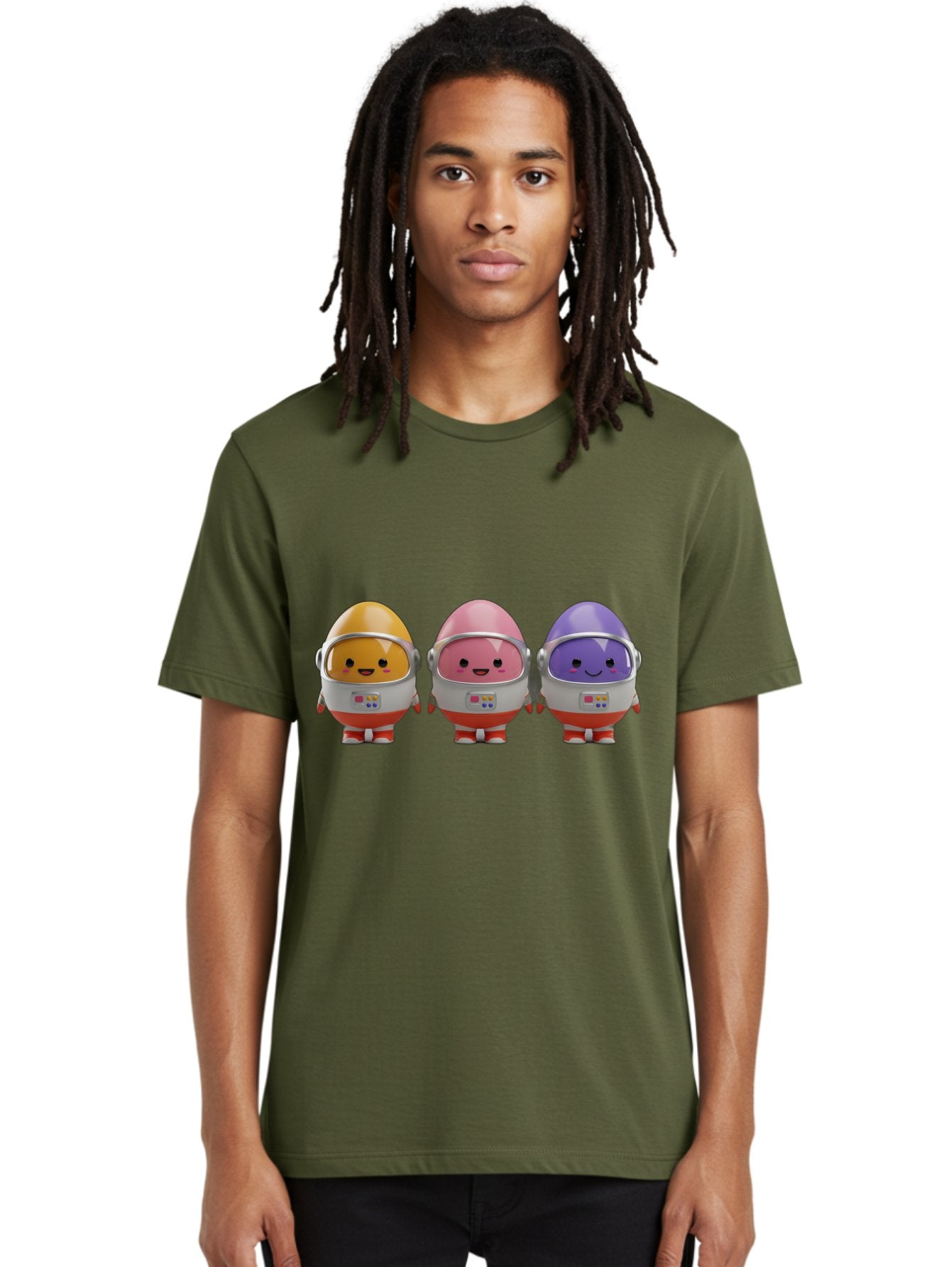 Egg-Astronauts Men'S Graphic Tee, 100% Cotton, Comfortable Casual Summer Wear, Machine Washable, Cartoon Eggs, Space Astronauts, Colorful Characters, Happy Faces, Silver Helmets, Red Boots, Futuristic Design, Playful Illustration, Cute Robots, Baa639 19
