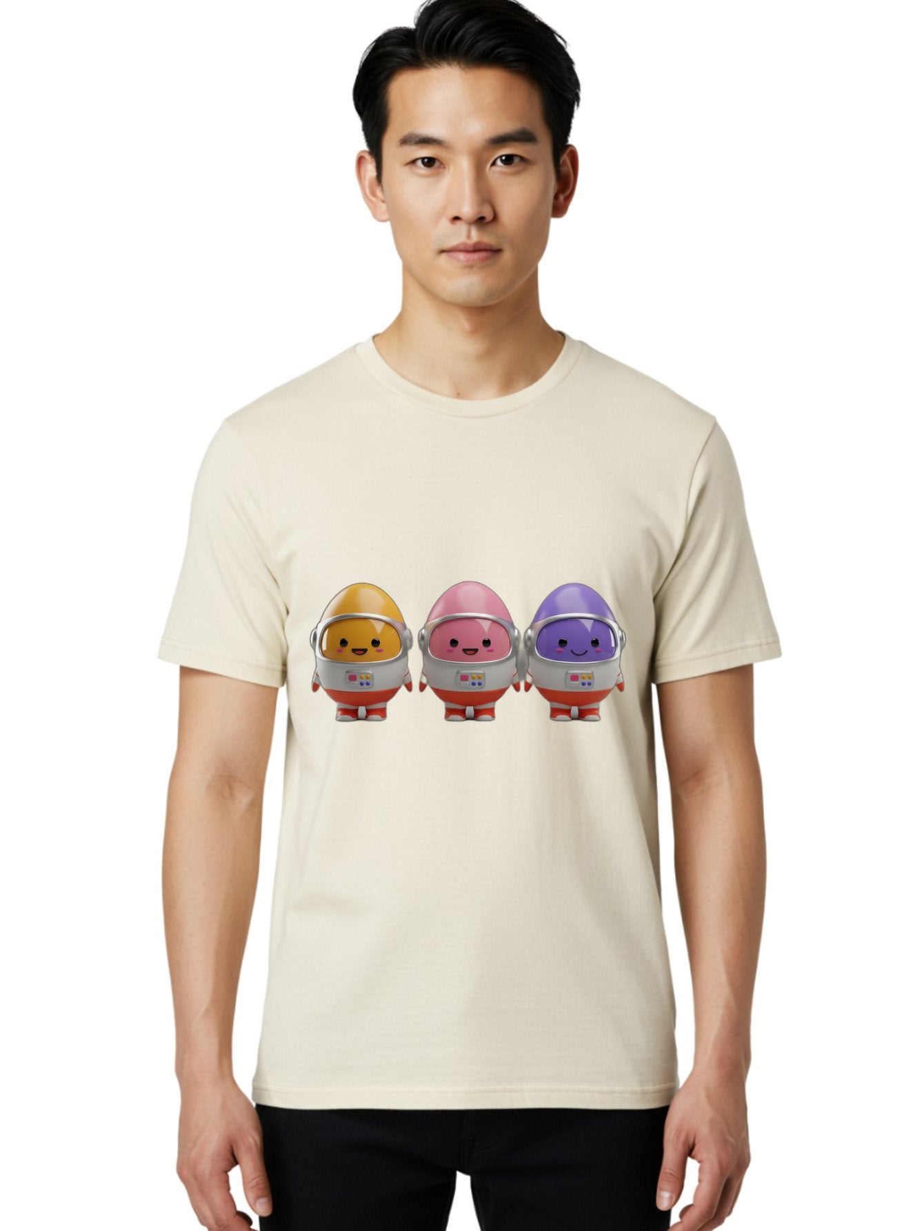 Egg-Astronauts Men'S Graphic Tee, 100% Cotton, Comfortable Casual Summer Wear, Machine Washable, Cartoon Eggs, Space Astronauts, Colorful Characters, Happy Faces, Silver Helmets, Red Boots, Futuristic Design, Playful Illustration, Cute Robots, Baa639 24
