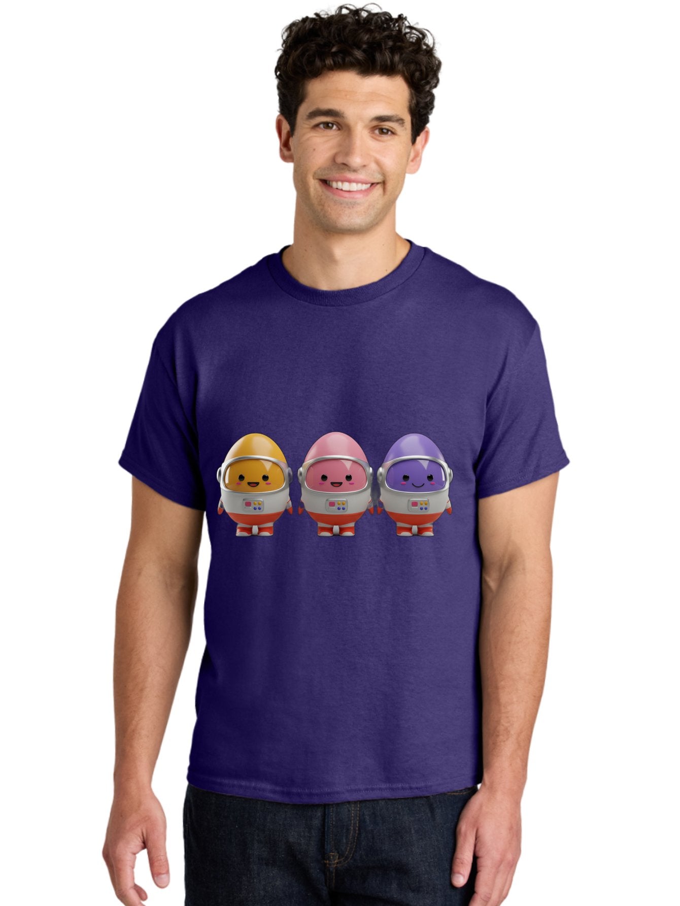 Egg-Astronauts Men'S Graphic Tee, 100% Cotton, Comfortable Casual Summer Wear, Machine Washable, Cartoon Eggs, Space Astronauts, Colorful Characters, Happy Faces, Silver Helmets, Red Boots, Futuristic Design, Playful Illustration, Cute Robots, Baa639 20
