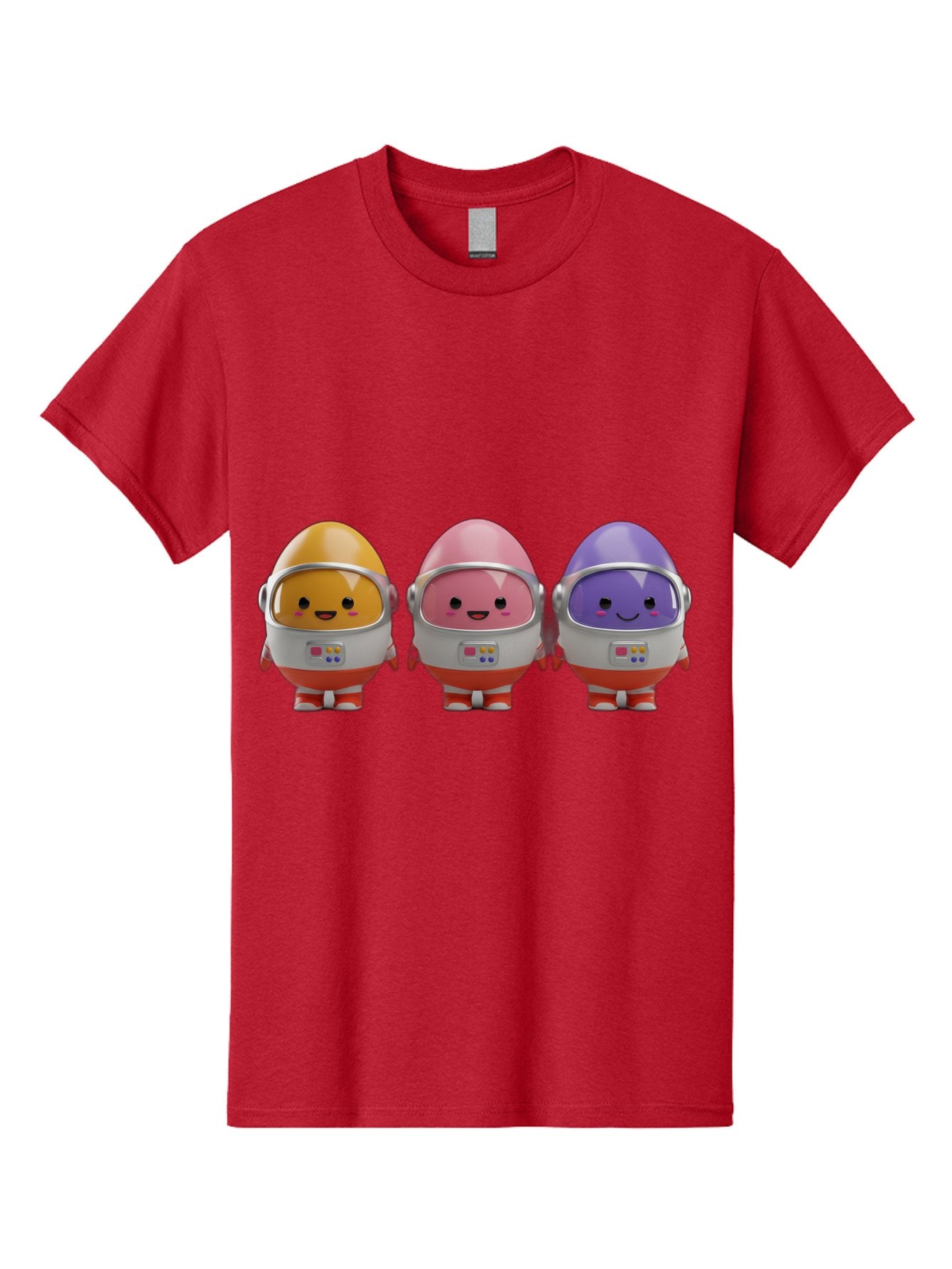 Egg-Astronauts Men'S Graphic Tee, 100% Cotton, Comfortable Casual Summer Wear, Machine Washable, Cartoon Eggs, Space Astronauts, Colorful Characters, Happy Faces, Silver Helmets, Red Boots, Futuristic Design, Playful Illustration, Cute Robots, Baa639 8