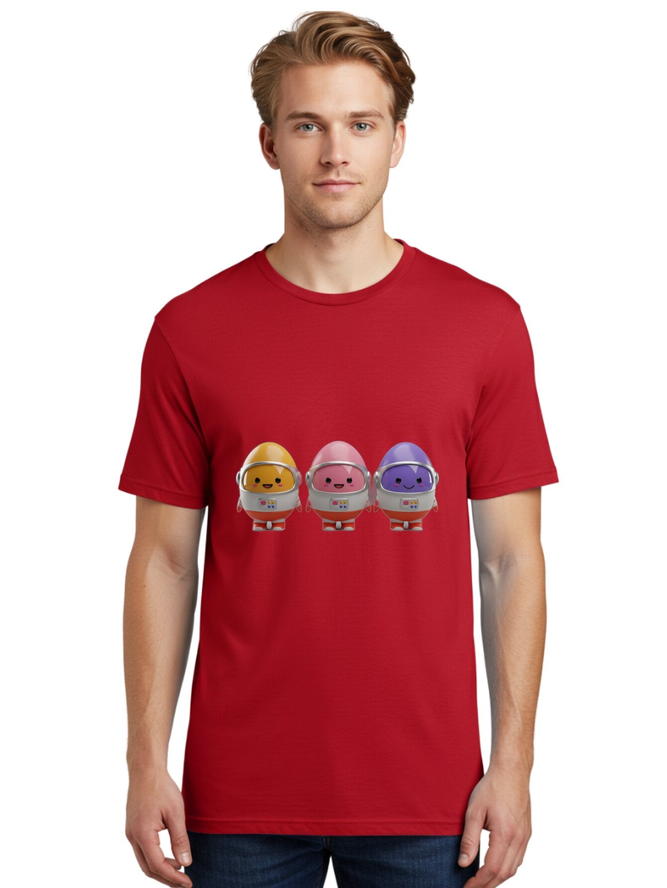 Egg-Astronauts Men'S Graphic Tee, 100% Cotton, Comfortable Casual Summer Wear, Machine Washable, Cartoon Eggs, Space Astronauts, Colorful Characters, Happy Faces, Silver Helmets, Red Boots, Futuristic Design, Playful Illustration, Cute Robots, Baa639 25