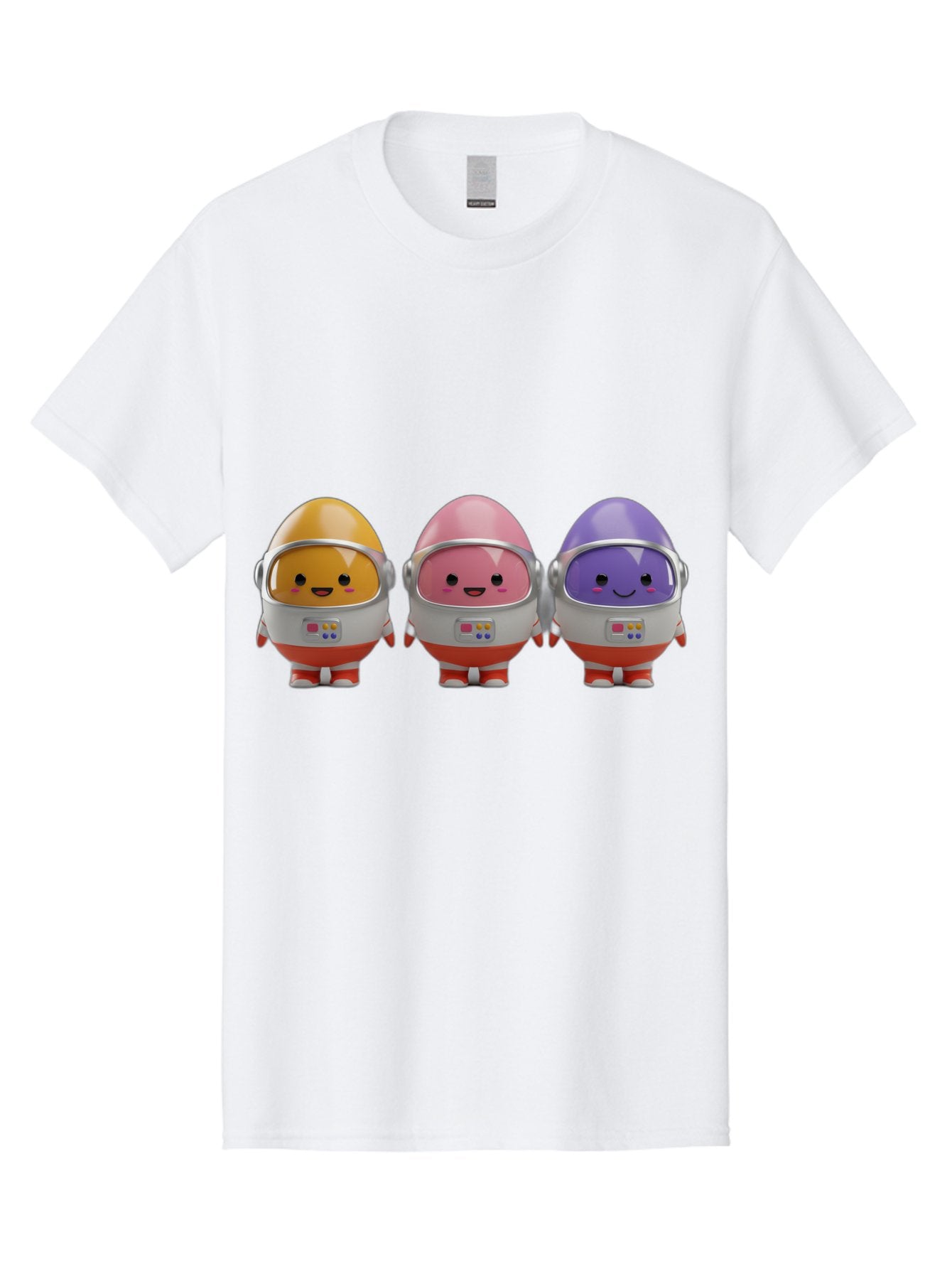 Egg-Astronauts Men'S Graphic Tee, 100% Cotton, Comfortable Casual Summer Wear, Machine Washable, Cartoon Eggs, Space Astronauts, Colorful Characters, Happy Faces, Silver Helmets, Red Boots, Futuristic Design, Playful Illustration, Cute Robots, Baa639 4