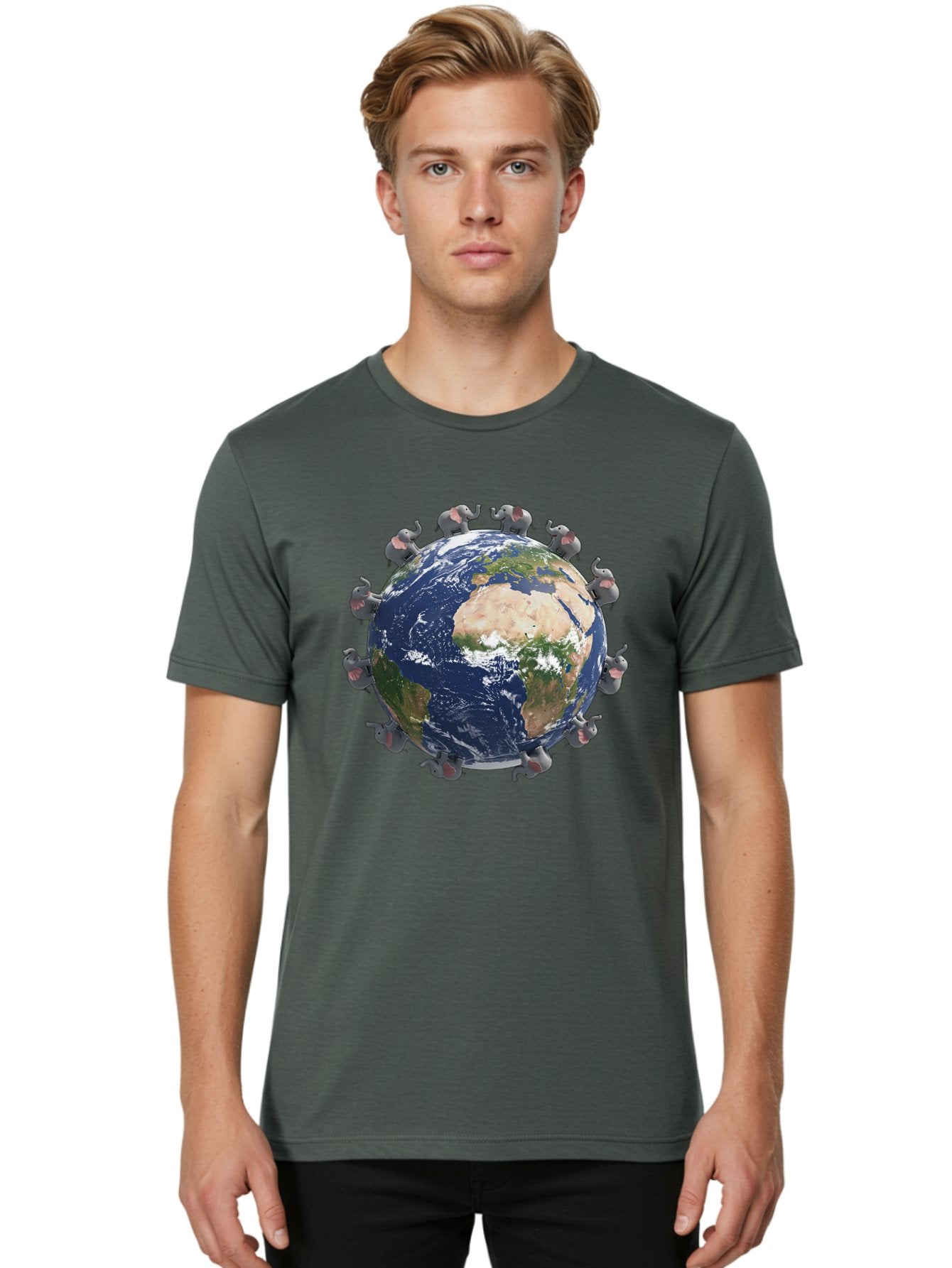 Elephants-Holding-Earth Men'S Graphic Tee, 100% Cotton, Comfortable Casual Summer Wear, Machine Washable, Elephants Surrounding The Earth, Global Unity, Conservation Efforts, Wildlife Protection, Animal Lovers, Earth'S Beauty, Baa644 23