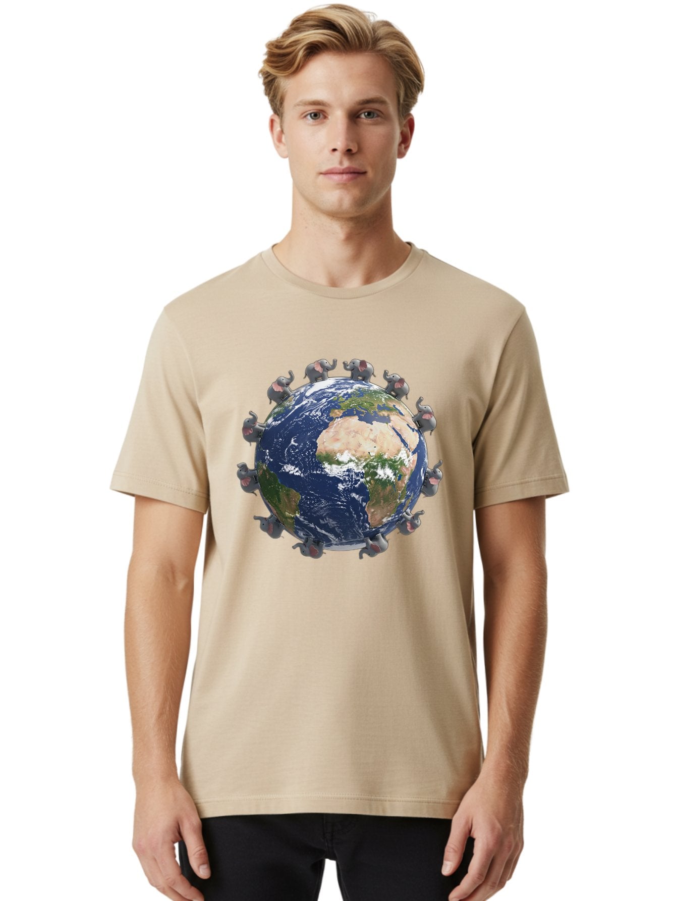Elephants-Holding-Earth Men'S Graphic Tee, 100% Cotton, Comfortable Casual Summer Wear, Machine Washable, Elephants Surrounding The Earth, Global Unity, Conservation Efforts, Wildlife Protection, Animal Lovers, Earth'S Beauty, Baa644 25