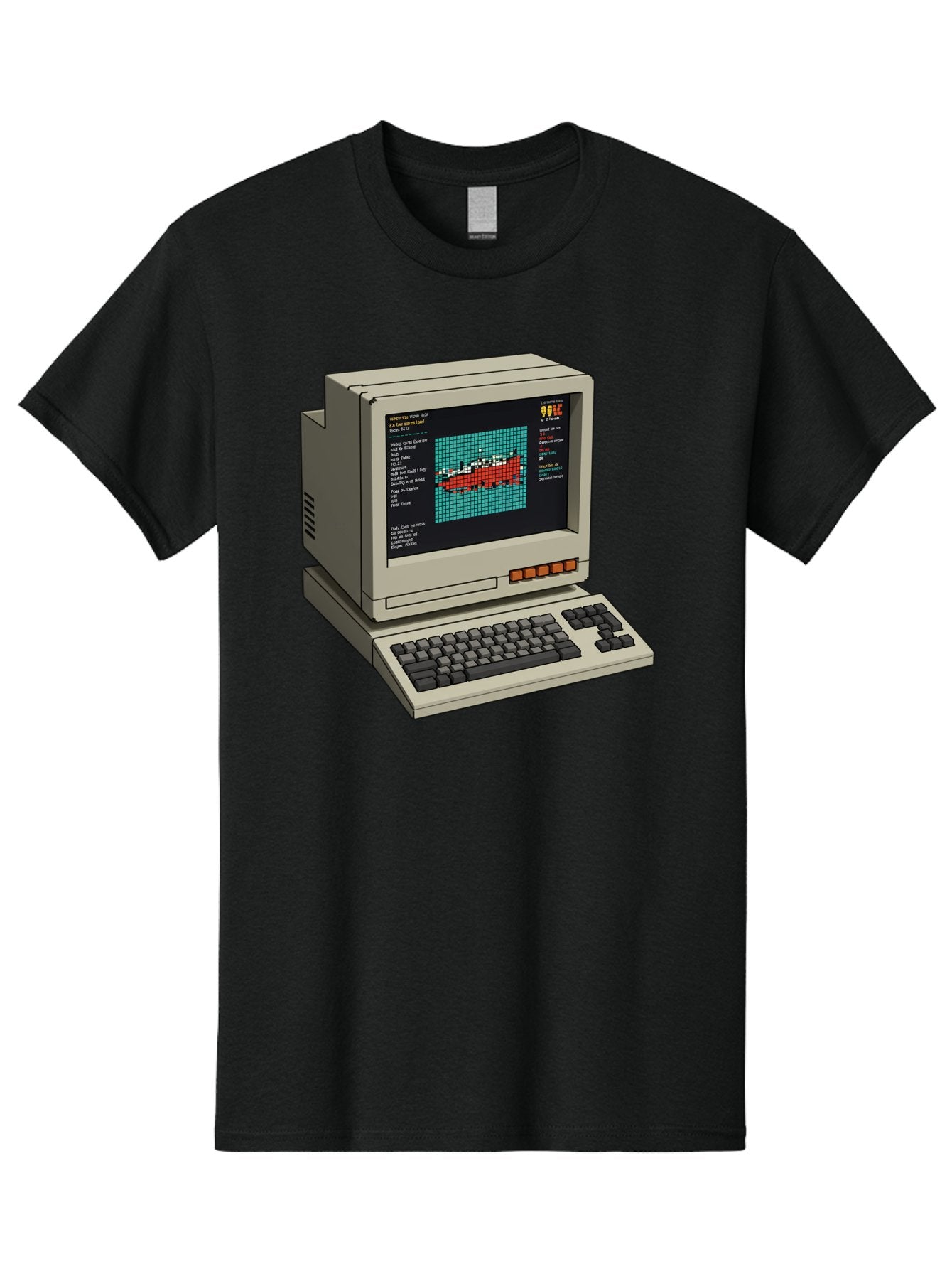 Elite-Game-On-Apple-Ii Men'S Graphic Tee, 100% Cotton, Comfortable Casual Summer Wear, Machine Washable, Retro Computer, Apple Ii, Vintage Technology, Pixel Art, Old School Gaming, 8-Bit Graphics, Red Boat, Turquoise Grid Baa645 7