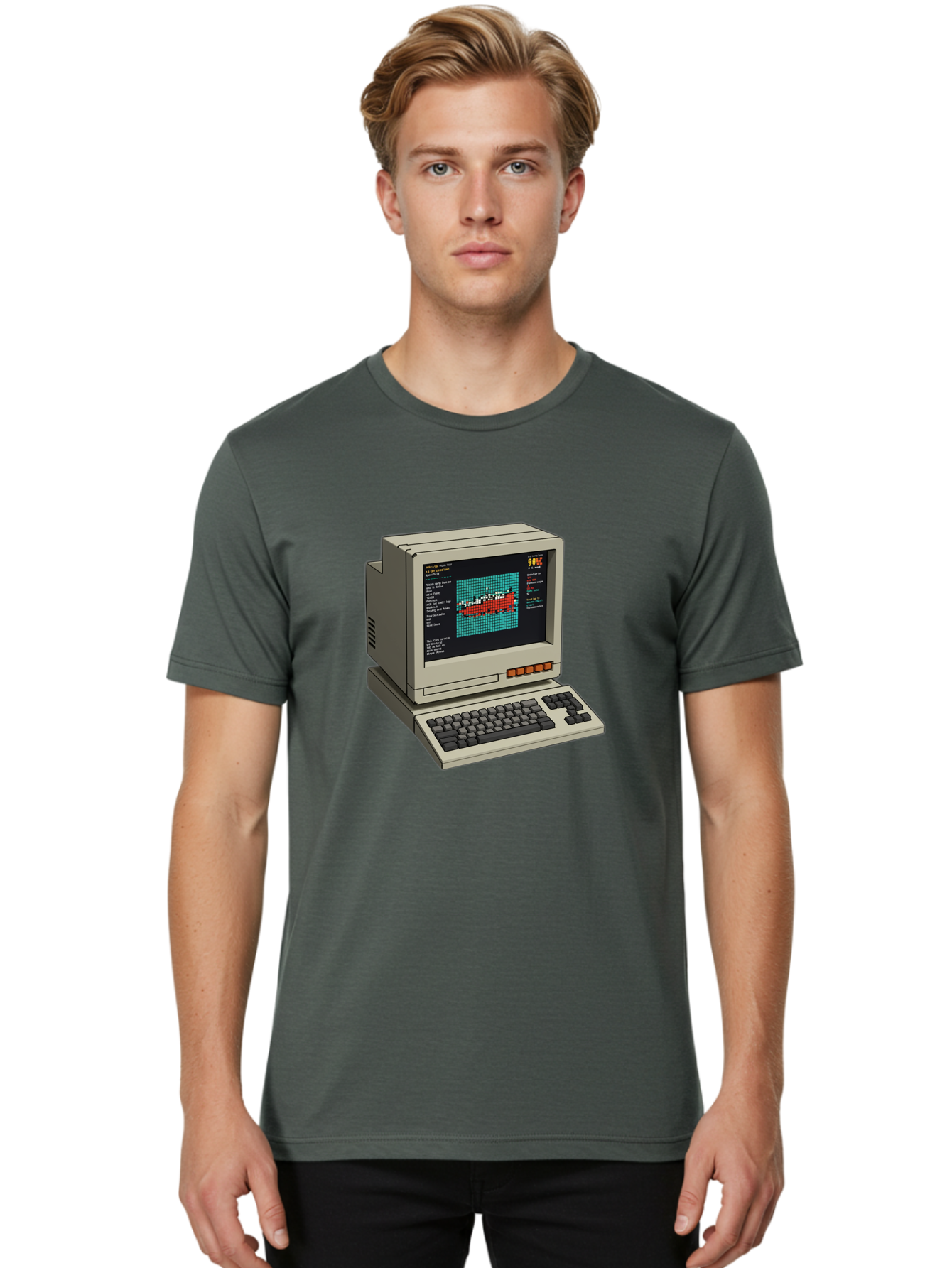 Elite-Game-On-Apple-Ii Men'S Graphic Tee, 100% Cotton, Comfortable Casual Summer Wear, Machine Washable, Retro Computer, Apple Ii, Vintage Technology, Pixel Art, Old School Gaming, 8-Bit Graphics, Red Boat, Turquoise Grid Baa645 16