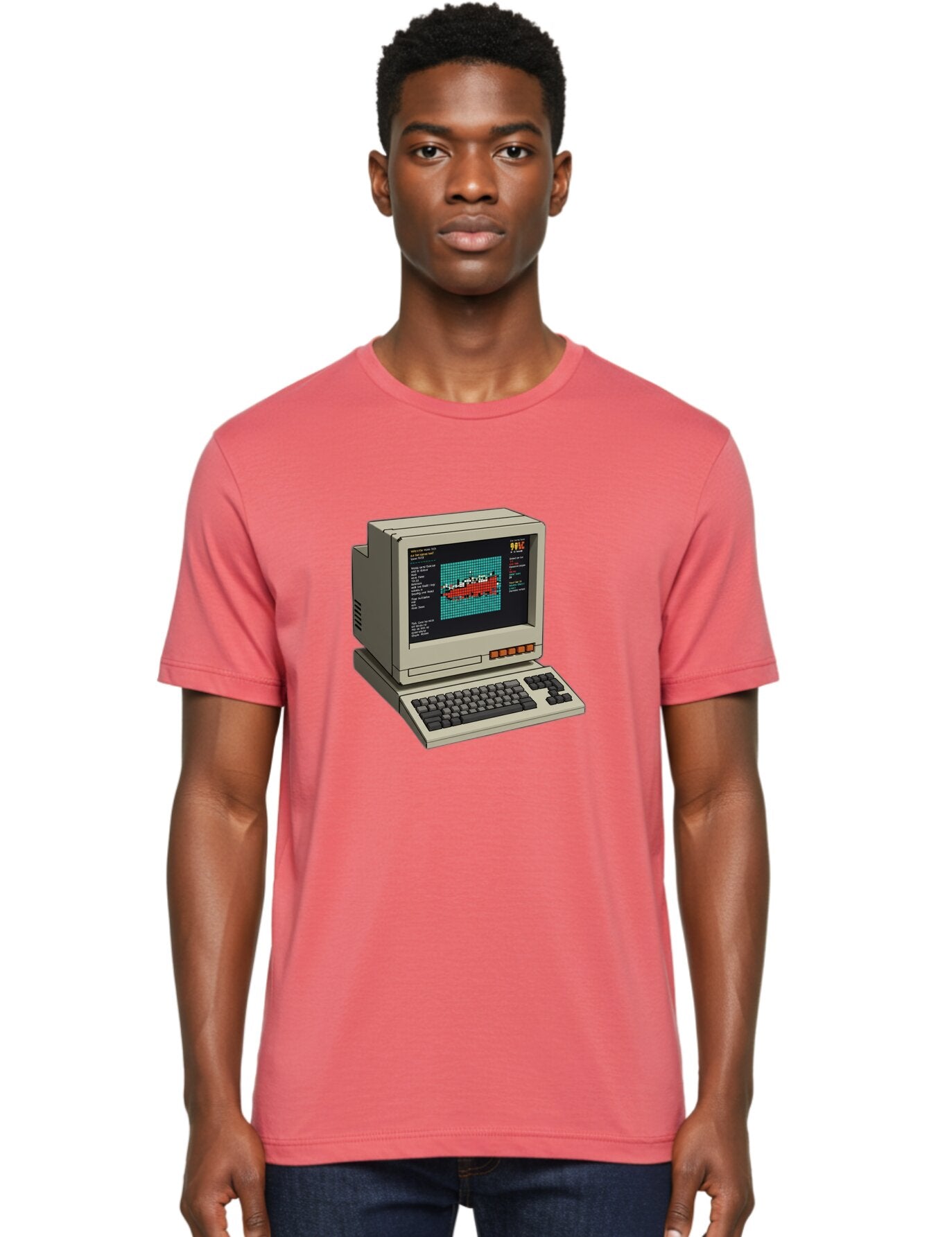 Elite-Game-On-Apple-Ii Men'S Graphic Tee, 100% Cotton, Comfortable Casual Summer Wear, Machine Washable, Retro Computer, Apple Ii, Vintage Technology, Pixel Art, Old School Gaming, 8-Bit Graphics, Red Boat, Turquoise Grid Baa645 29