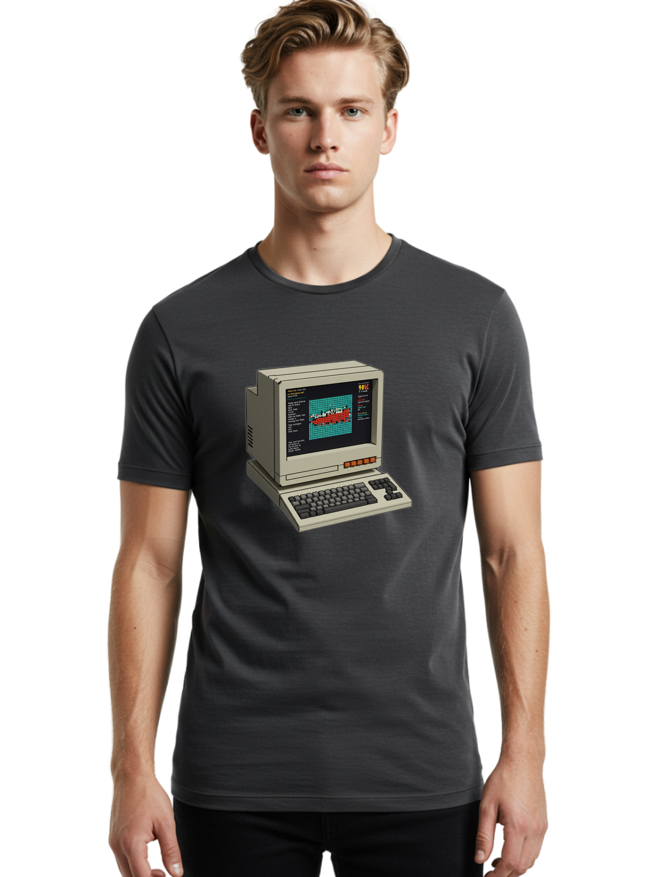 Elite-Game-On-Apple-Ii Men'S Graphic Tee, 100% Cotton, Comfortable Casual Summer Wear, Machine Washable, Retro Computer, Apple Ii, Vintage Technology, Pixel Art, Old School Gaming, 8-Bit Graphics, Red Boat, Turquoise Grid Baa645 22