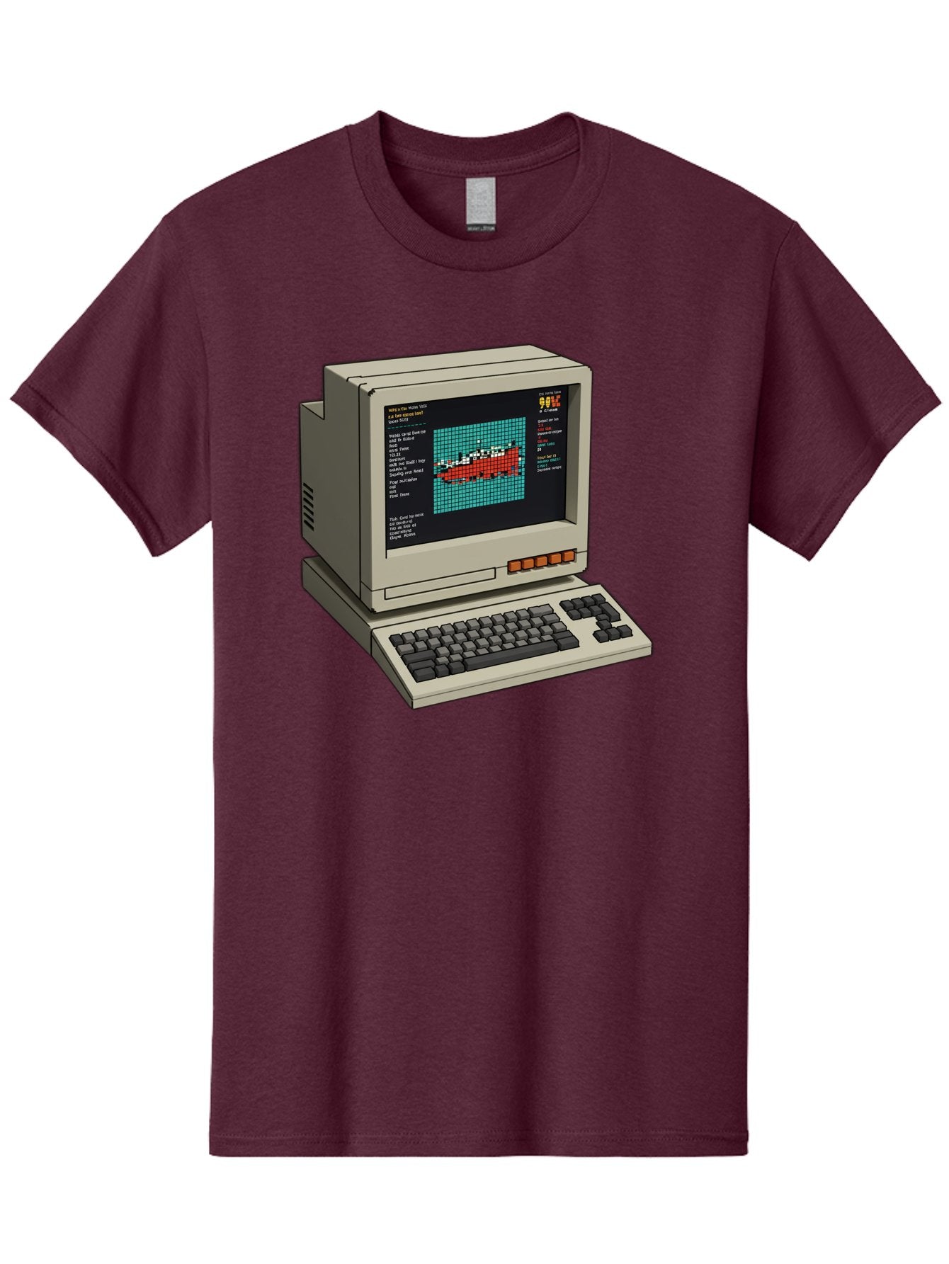 Elite-Game-On-Apple-Ii Men'S Graphic Tee, 100% Cotton, Comfortable Casual Summer Wear, Machine Washable, Retro Computer, Apple Ii, Vintage Technology, Pixel Art, Old School Gaming, 8-Bit Graphics, Red Boat, Turquoise Grid Baa645 9