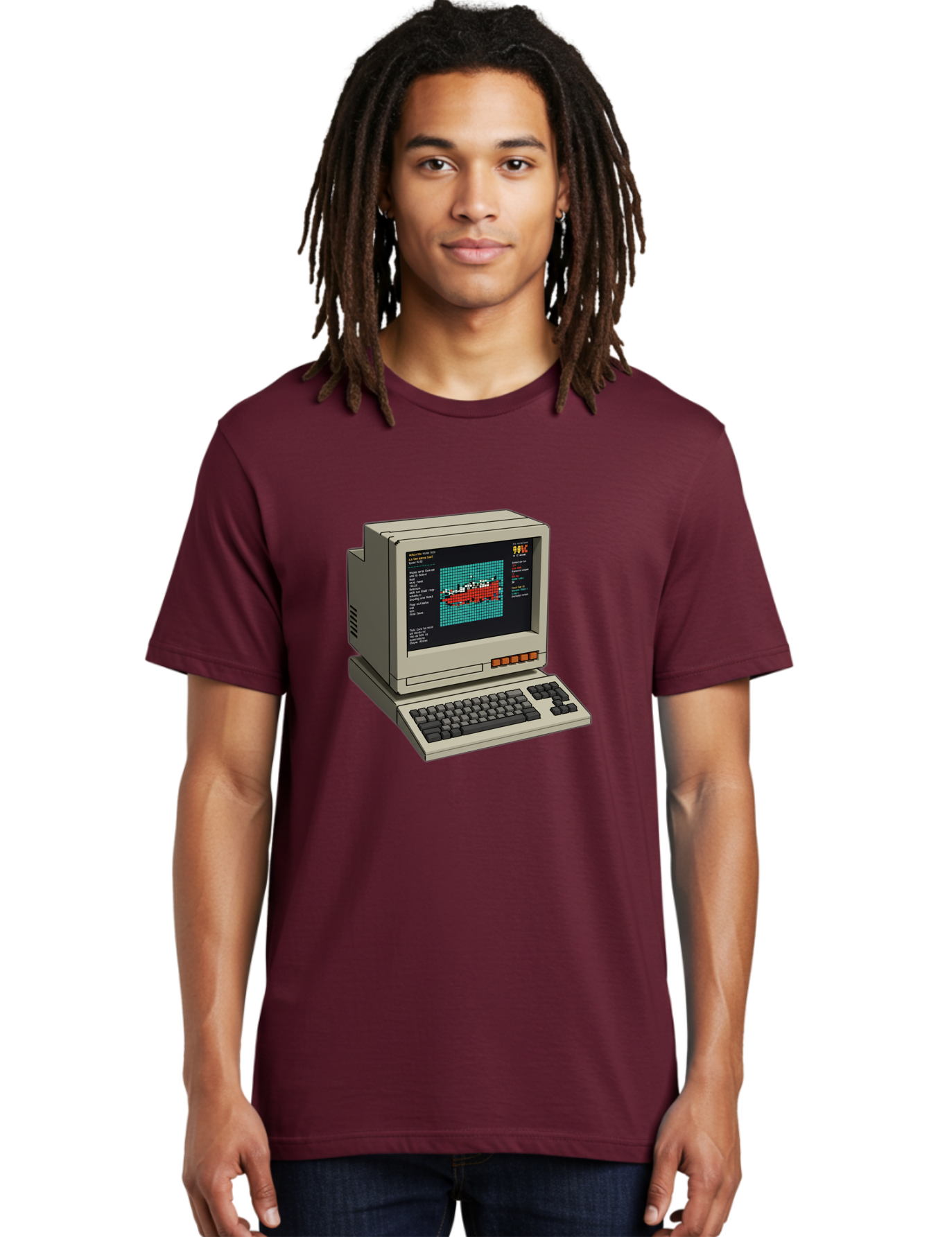 Elite-Game-On-Apple-Ii Men'S Graphic Tee, 100% Cotton, Comfortable Casual Summer Wear, Machine Washable, Retro Computer, Apple Ii, Vintage Technology, Pixel Art, Old School Gaming, 8-Bit Graphics, Red Boat, Turquoise Grid Baa645 10