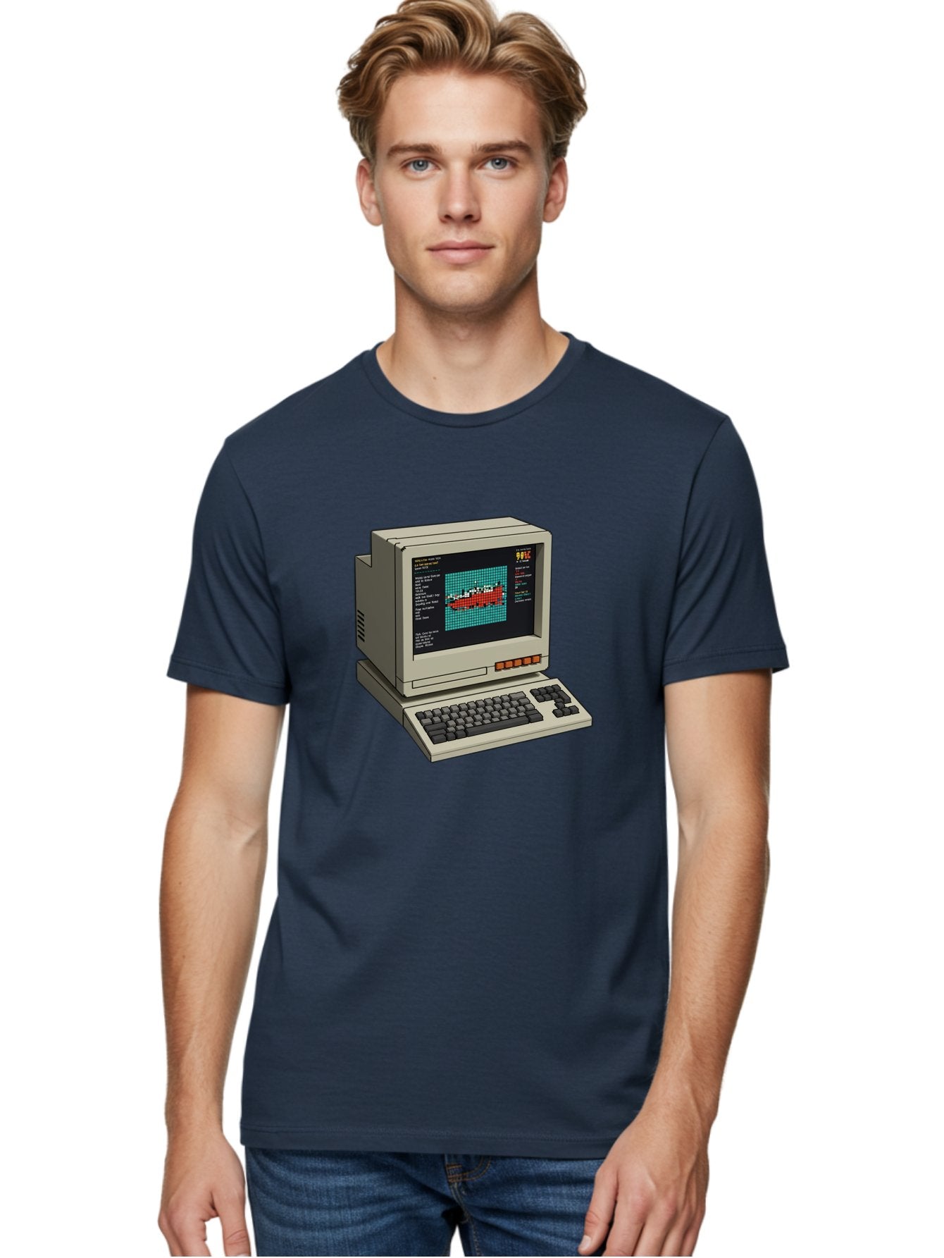 Elite-Game-On-Apple-Ii Men'S Graphic Tee, 100% Cotton, Comfortable Casual Summer Wear, Machine Washable, Retro Computer, Apple Ii, Vintage Technology, Pixel Art, Old School Gaming, 8-Bit Graphics, Red Boat, Turquoise Grid Baa645 27