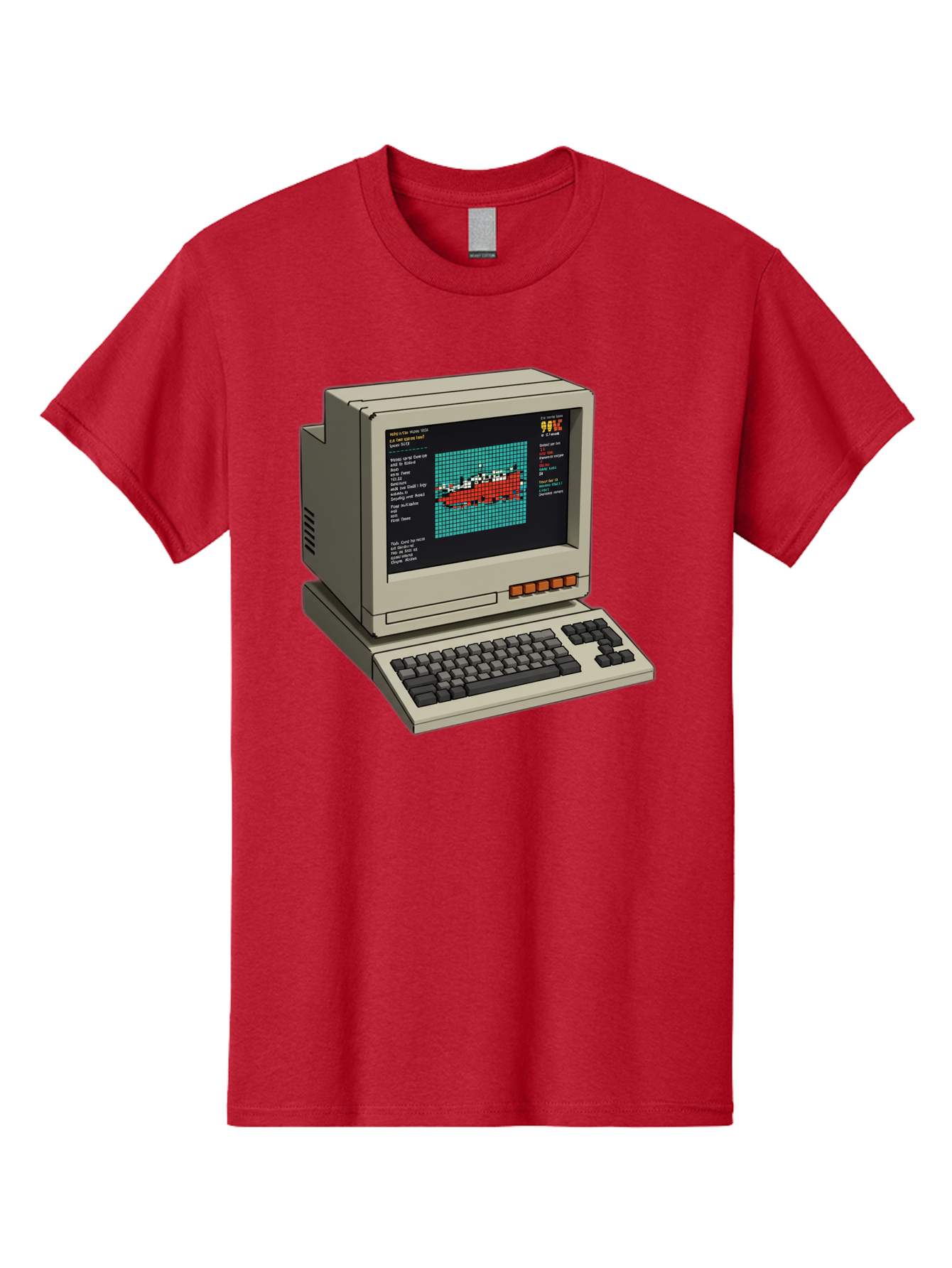 Elite-Game-On-Apple-Ii Men'S Graphic Tee, 100% Cotton, Comfortable Casual Summer Wear, Machine Washable, Retro Computer, Apple Ii, Vintage Technology, Pixel Art, Old School Gaming, 8-Bit Graphics, Red Boat, Turquoise Grid Baa645 27