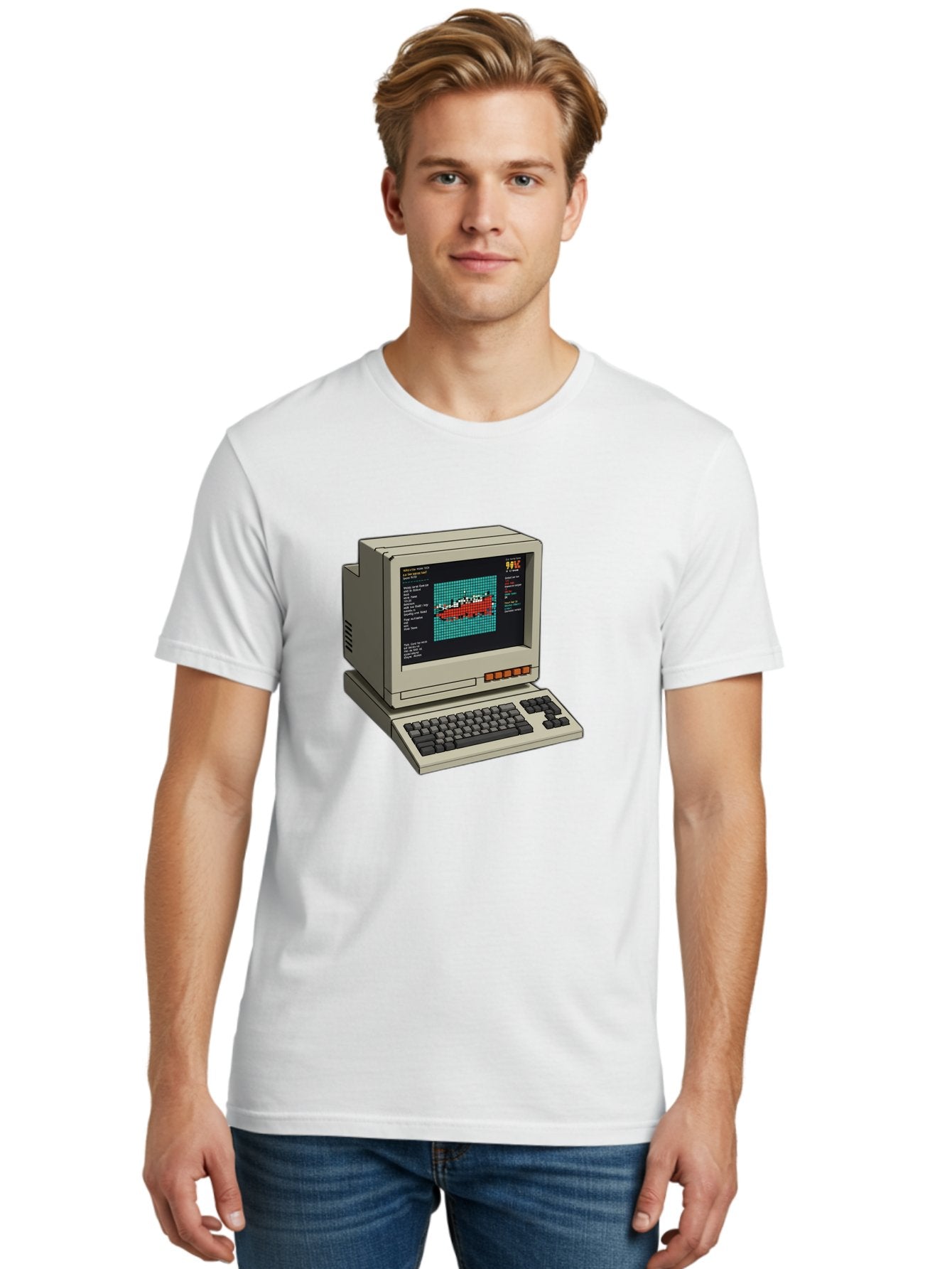 Elite-Game-On-Apple-Ii Men'S Graphic Tee, 100% Cotton, Comfortable Casual Summer Wear, Machine Washable, Retro Computer, Apple Ii, Vintage Technology, Pixel Art, Old School Gaming, 8-Bit Graphics, Red Boat, Turquoise Grid Baa645 24