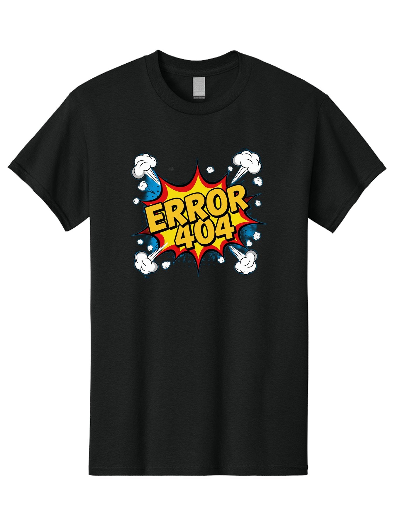 Error-404-3 Men'S Graphic Tee, 100% Cotton, Comfortable Casual Summer Wear, Machine Washable, Error Message, 404 Page Not Found, Cartoon Style, Comic Explosion, Yellow Text, Red Outline, White Clouds, Blue Bombs, Retro Aesthetic, Funny Design, Baa651 7