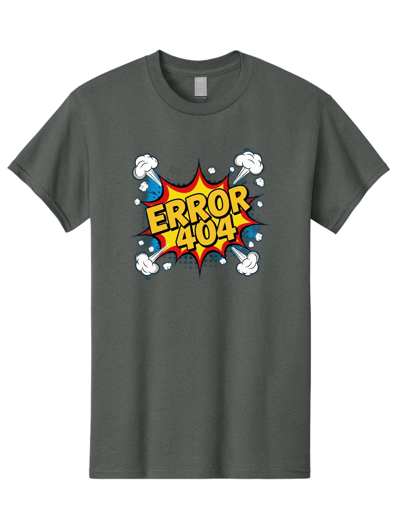 Error-404-3 Men'S Graphic Tee, 100% Cotton, Comfortable Casual Summer Wear, Machine Washable, Error Message, 404 Page Not Found, Cartoon Style, Comic Explosion, Yellow Text, Red Outline, White Clouds, Blue Bombs, Retro Aesthetic, Funny Design, Baa651