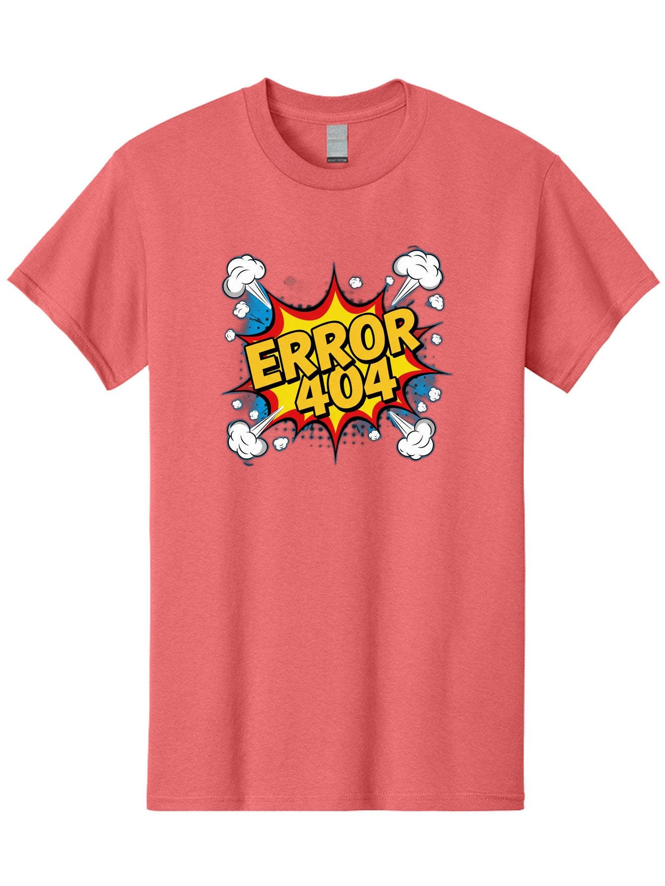 Error-404-3 Men'S Graphic Tee, 100% Cotton, Comfortable Casual Summer Wear, Machine Washable, Error Message, 404 Page Not Found, Cartoon Style, Comic Explosion, Yellow Text, Red Outline, White Clouds, Blue Bombs, Retro Aesthetic, Funny Design, Baa651