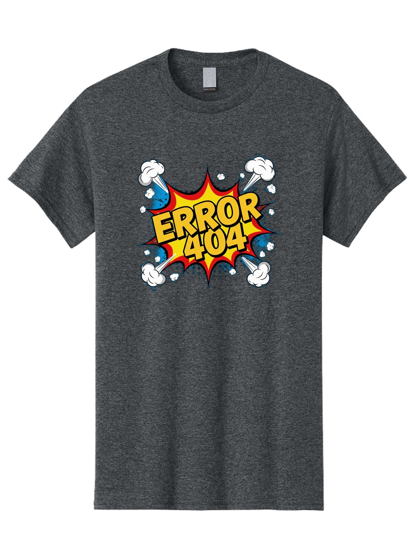 Error-404-3 Men'S Graphic Tee, 100% Cotton, Comfortable Casual Summer Wear, Machine Washable, Error Message, 404 Page Not Found, Cartoon Style, Comic Explosion, Yellow Text, Red Outline, White Clouds, Blue Bombs, Retro Aesthetic, Funny Design, Baa651 11
