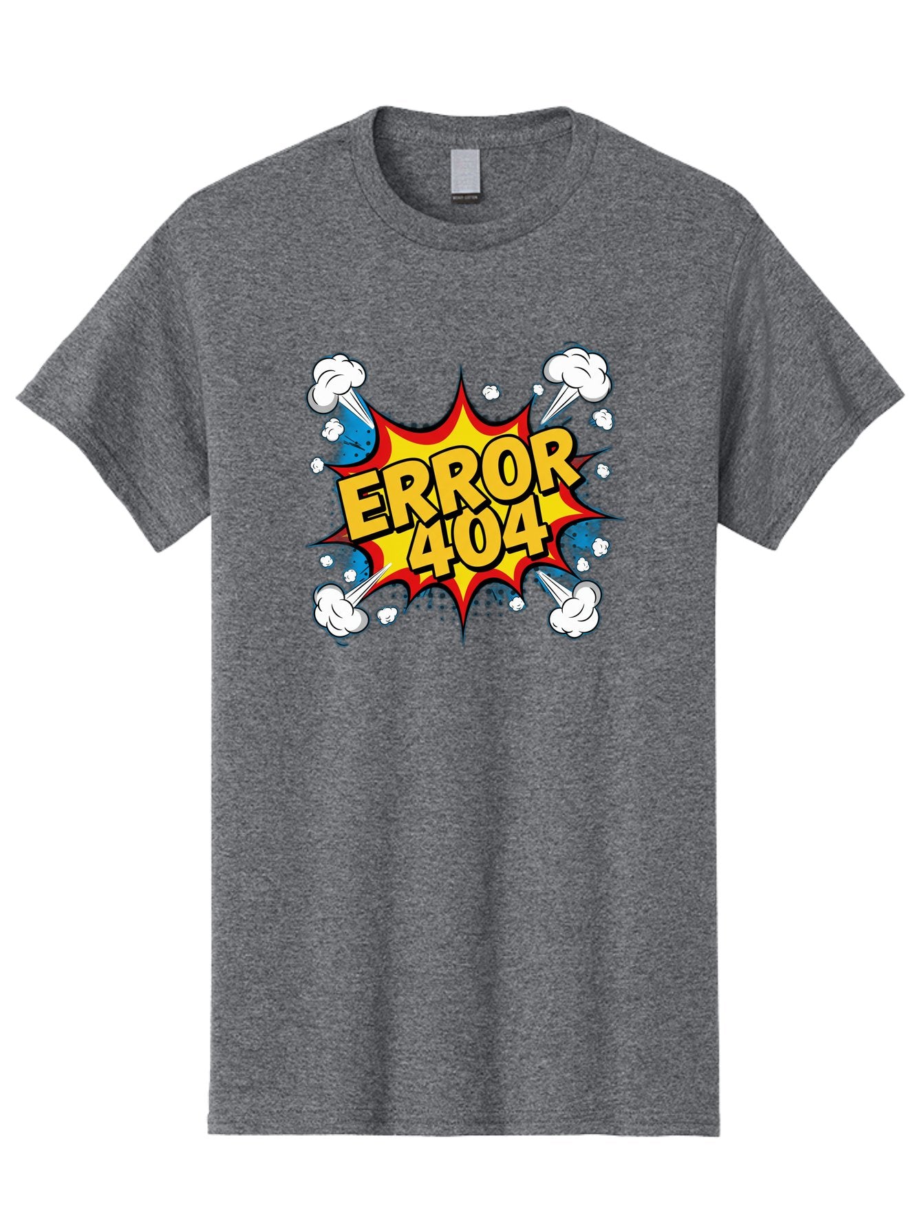 Error-404-3 Men'S Graphic Tee, 100% Cotton, Comfortable Casual Summer Wear, Machine Washable, Error Message, 404 Page Not Found, Cartoon Style, Comic Explosion, Yellow Text, Red Outline, White Clouds, Blue Bombs, Retro Aesthetic, Funny Design, Baa651 8