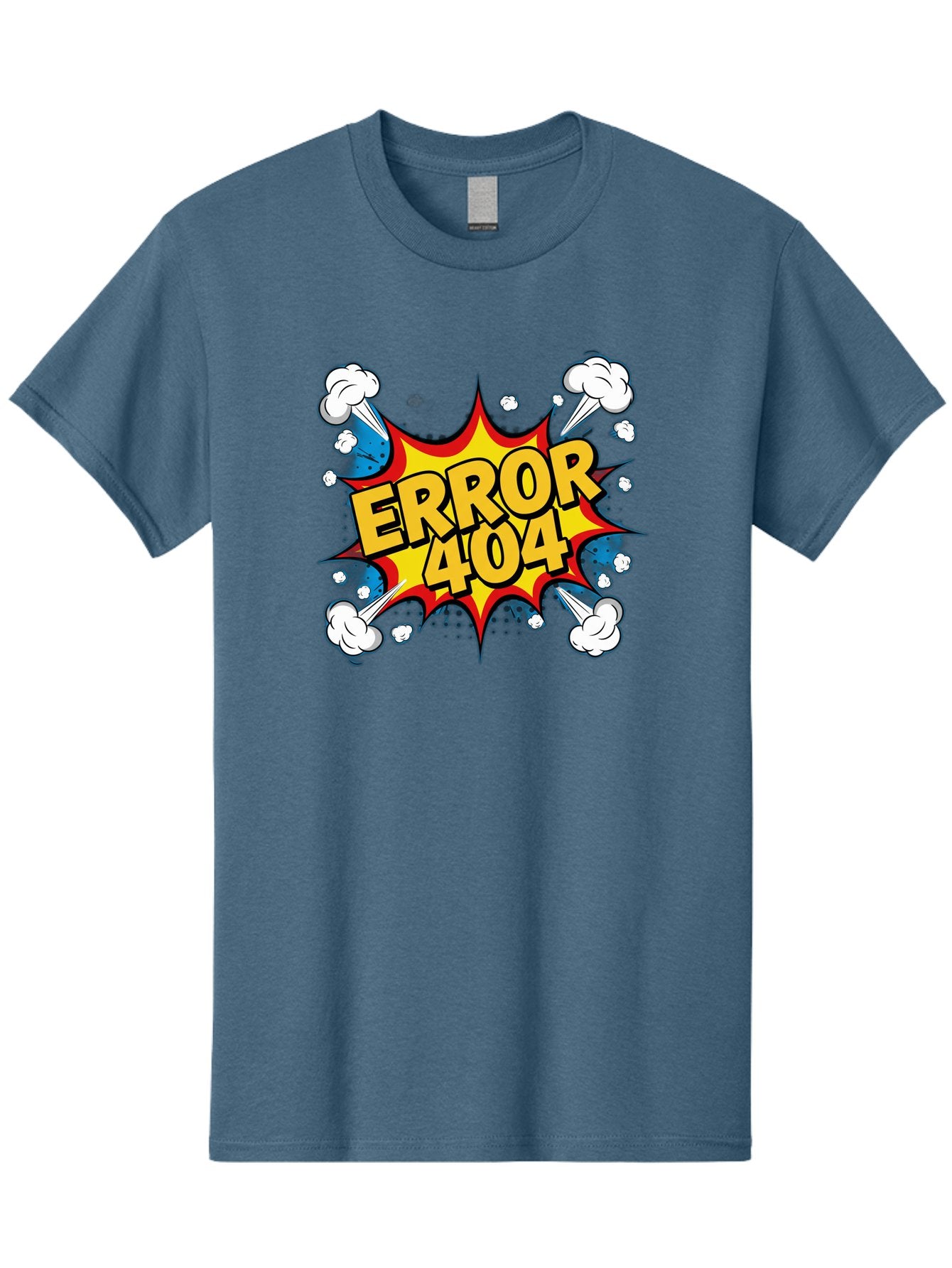 Error-404-3 Men'S Graphic Tee, 100% Cotton, Comfortable Casual Summer Wear, Machine Washable, Error Message, 404 Page Not Found, Cartoon Style, Comic Explosion, Yellow Text, Red Outline, White Clouds, Blue Bombs, Retro Aesthetic, Funny Design, Baa651 4