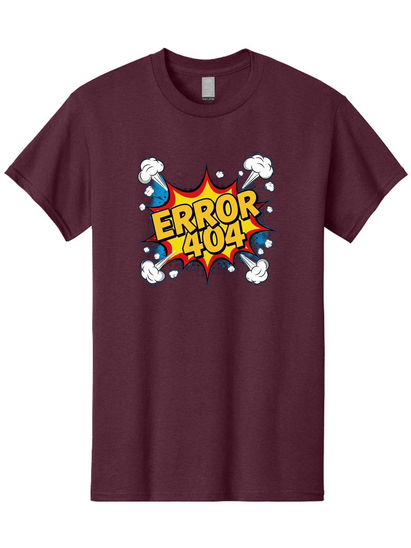 Error-404-3 Men'S Graphic Tee, 100% Cotton, Comfortable Casual Summer Wear, Machine Washable, Error Message, 404 Page Not Found, Cartoon Style, Comic Explosion, Yellow Text, Red Outline, White Clouds, Blue Bombs, Retro Aesthetic, Funny Design, Baa651 15