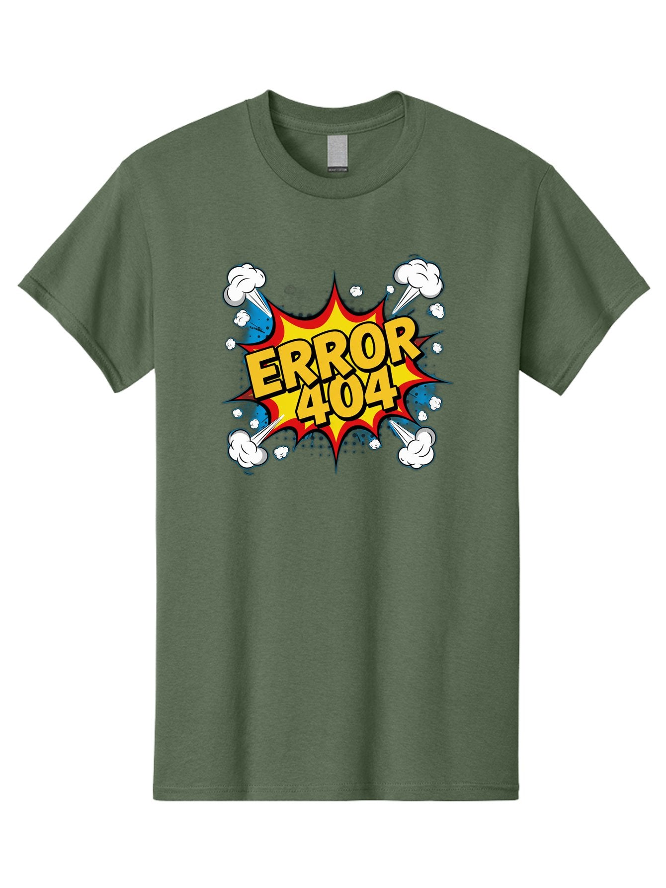 Error-404-3 Men'S Graphic Tee, 100% Cotton, Comfortable Casual Summer Wear, Machine Washable, Error Message, 404 Page Not Found, Cartoon Style, Comic Explosion, Yellow Text, Red Outline, White Clouds, Blue Bombs, Retro Aesthetic, Funny Design, Baa651 5