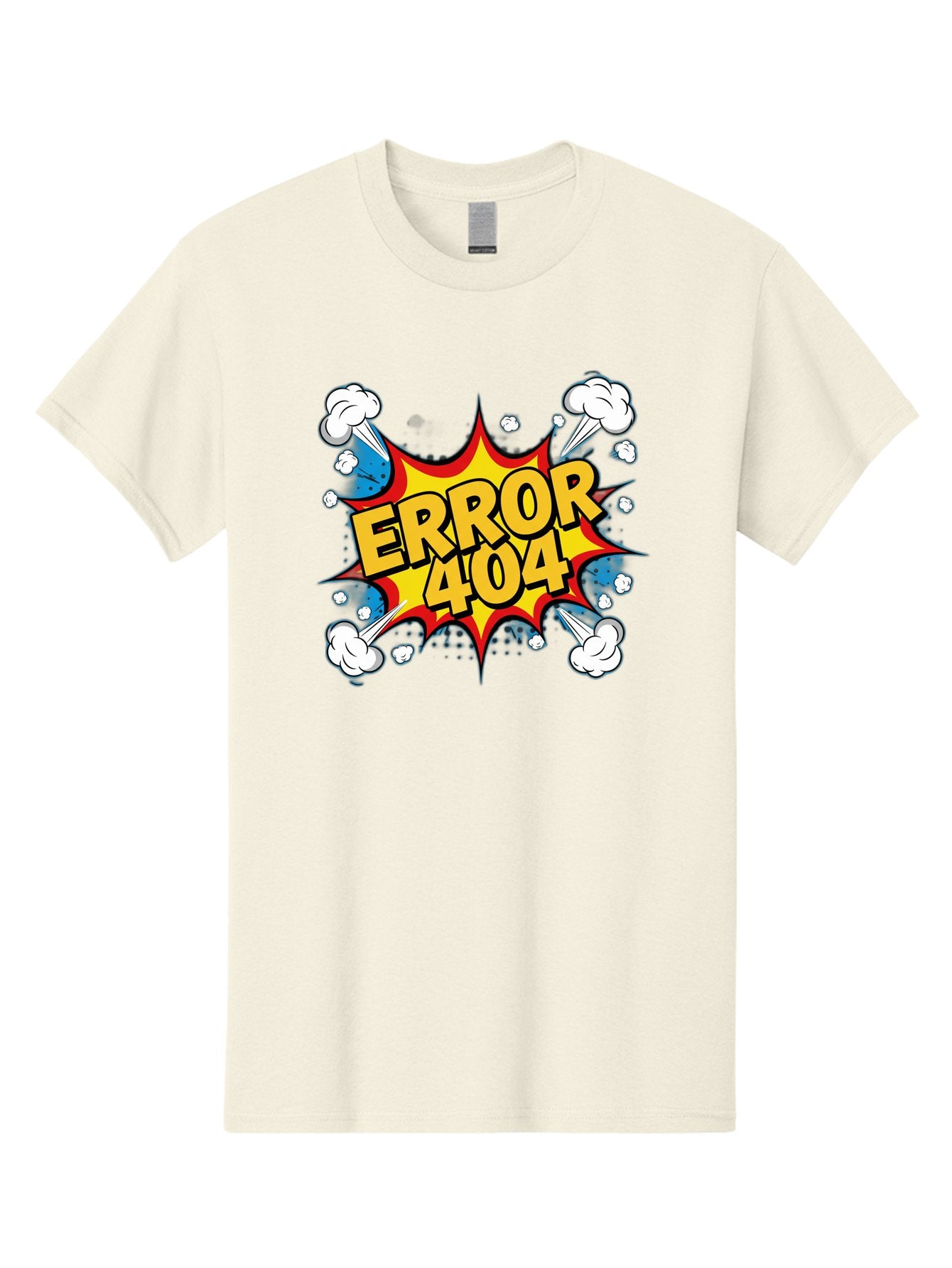 Error-404-3 Men'S Graphic Tee, 100% Cotton, Comfortable Casual Summer Wear, Machine Washable, Error Message, 404 Page Not Found, Cartoon Style, Comic Explosion, Yellow Text, Red Outline, White Clouds, Blue Bombs, Retro Aesthetic, Funny Design, Baa651 13