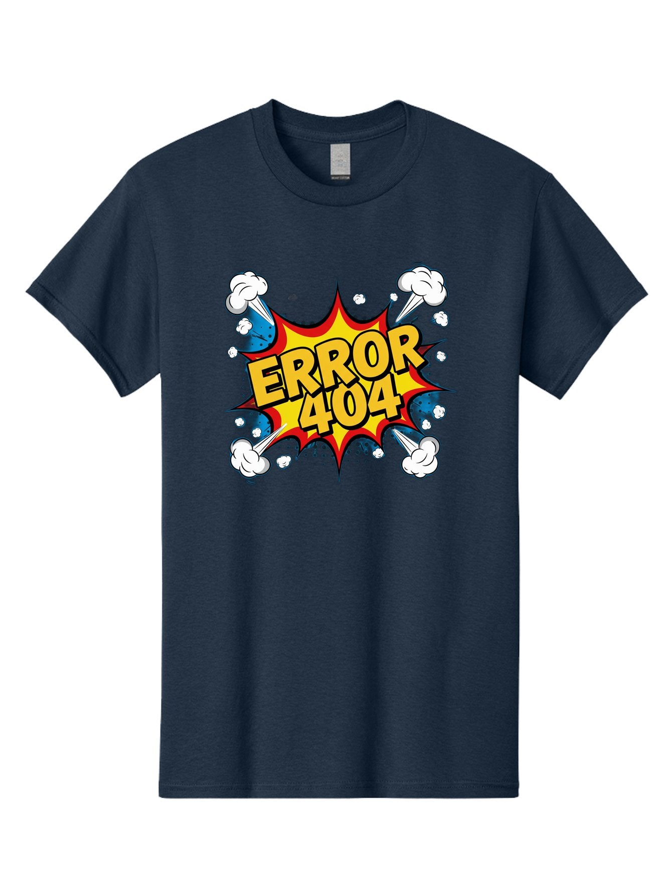 Error-404-3 Men'S Graphic Tee, 100% Cotton, Comfortable Casual Summer Wear, Machine Washable, Error Message, 404 Page Not Found, Cartoon Style, Comic Explosion, Yellow Text, Red Outline, White Clouds, Blue Bombs, Retro Aesthetic, Funny Design, Baa651 14