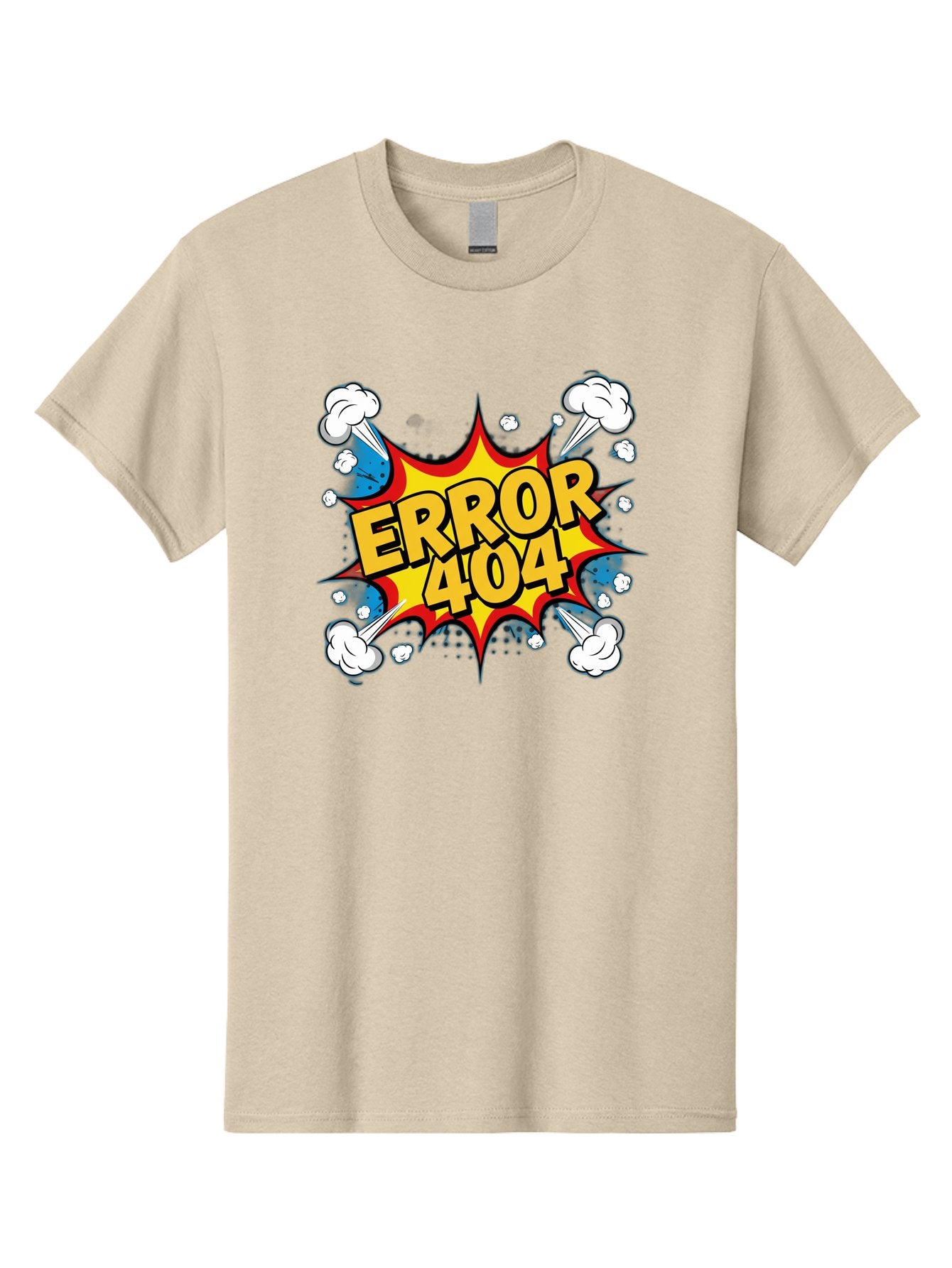 Error-404-3 Men'S Graphic Tee, 100% Cotton, Comfortable Casual Summer Wear, Machine Washable, Error Message, 404 Page Not Found, Cartoon Style, Comic Explosion, Yellow Text, Red Outline, White Clouds, Blue Bombs, Retro Aesthetic, Funny Design, Baa651 3