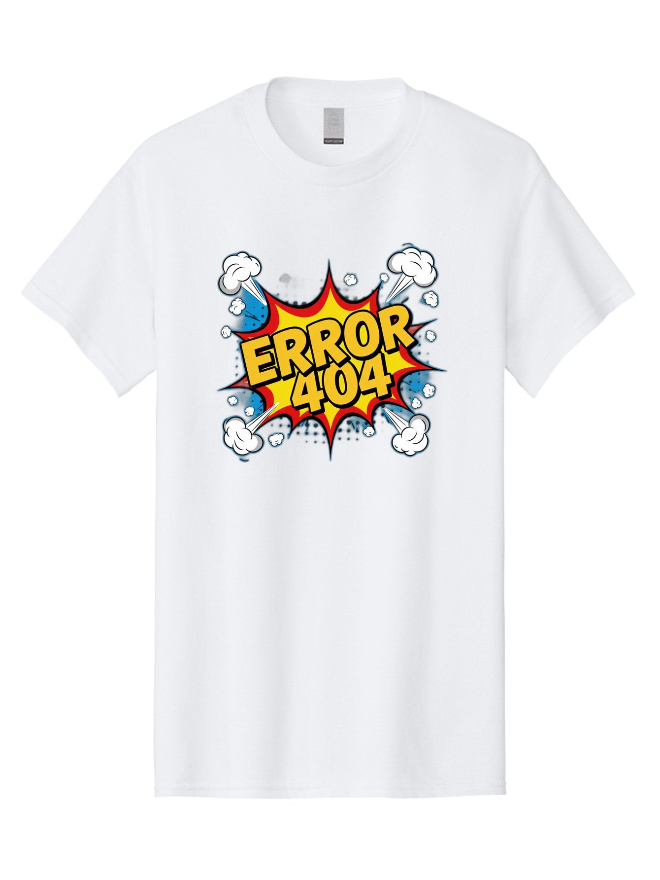Error-404-3 Men'S Graphic Tee, 100% Cotton, Comfortable Casual Summer Wear, Machine Washable, Error Message, 404 Page Not Found, Cartoon Style, Comic Explosion, Yellow Text, Red Outline, White Clouds, Blue Bombs, Retro Aesthetic, Funny Design, Baa651 10