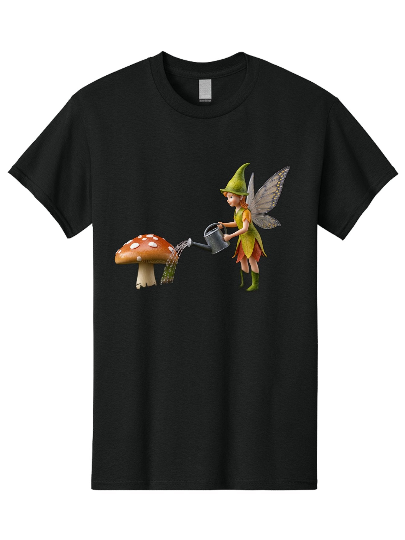 Fairy-Watering-Mushroom Men'S Graphic Tee, 100% Cotton, Comfortable Casual Summer Wear, Machine Washable, Fairy Watering Mushroom, Whimsical Scene, Fantastical Creature, Green Hat, Yellow Dress, Watering Can, Red Mushroom, White Spots, Baa654 5
