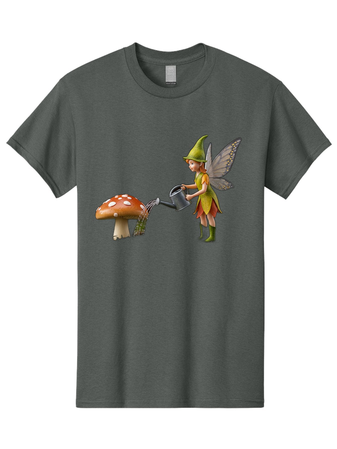 Fairy-Watering-Mushroom Men'S Graphic Tee, 100% Cotton, Comfortable Casual Summer Wear, Machine Washable, Fairy Watering Mushroom, Whimsical Scene, Fantastical Creature, Green Hat, Yellow Dress, Watering Can, Red Mushroom, White Spots, Baa654 10